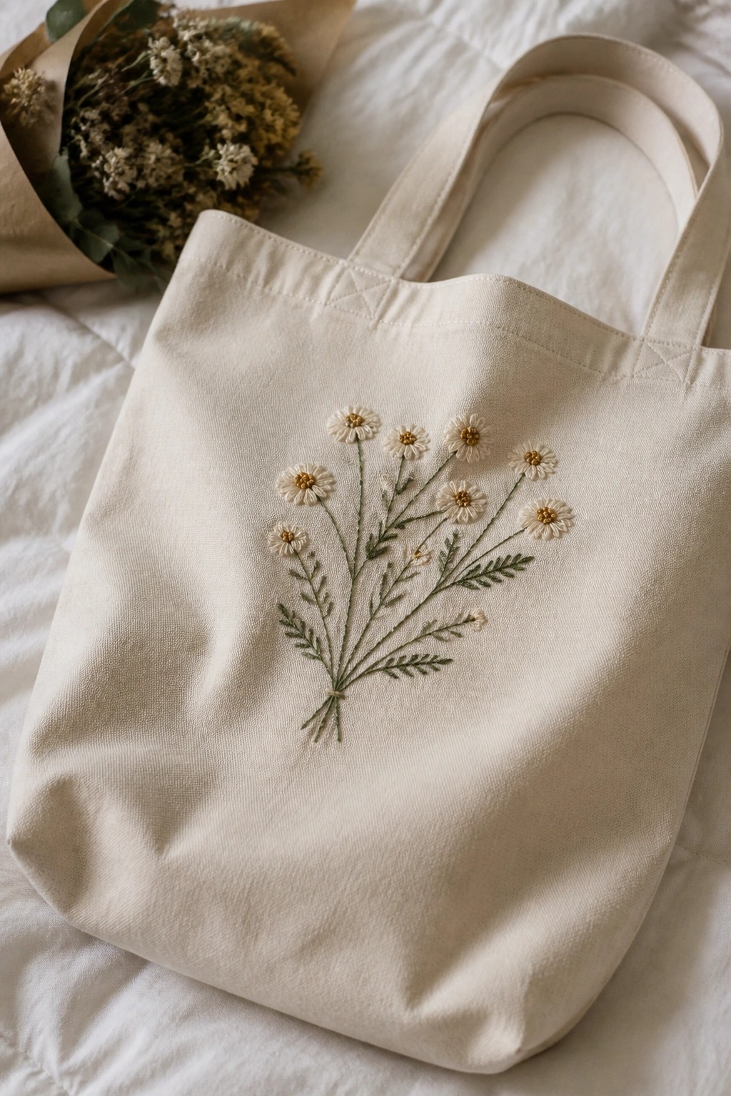 Cream tote bag embroidered with white daisies beside dried flower bouquet on white fabric