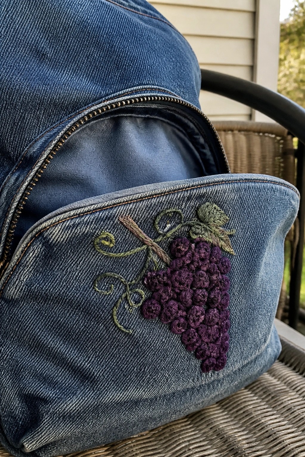 Blue denim backpack with embroidered purple grapes and green leaves on pocket.