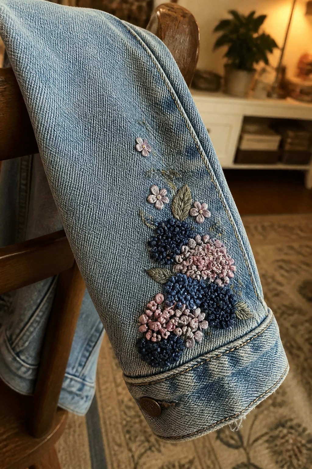 Denim jacket sleeve with blue and pink floral embroidery on wooden chair