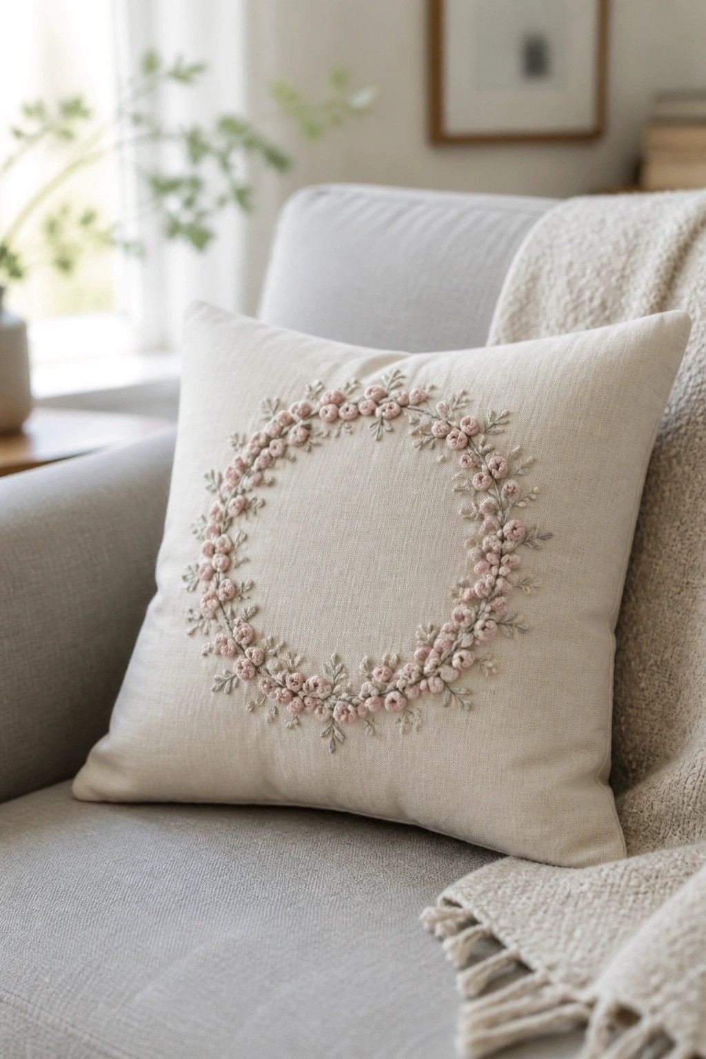 Cream pillow with pink floral wreath embroidery on light gray sofa with beige throw.