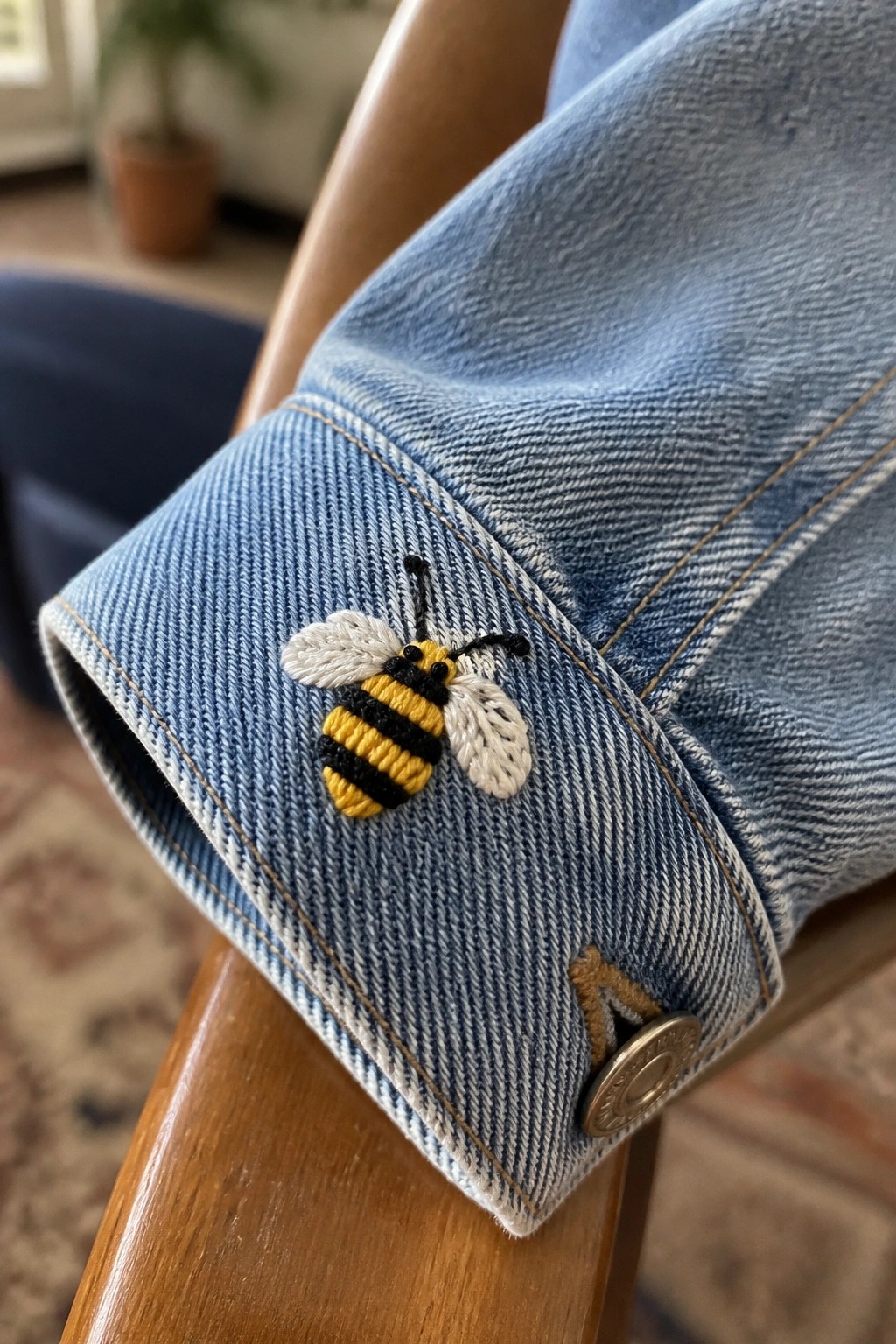 Embroidered yellow and black bee on the cuff of a light blue denim jacket.