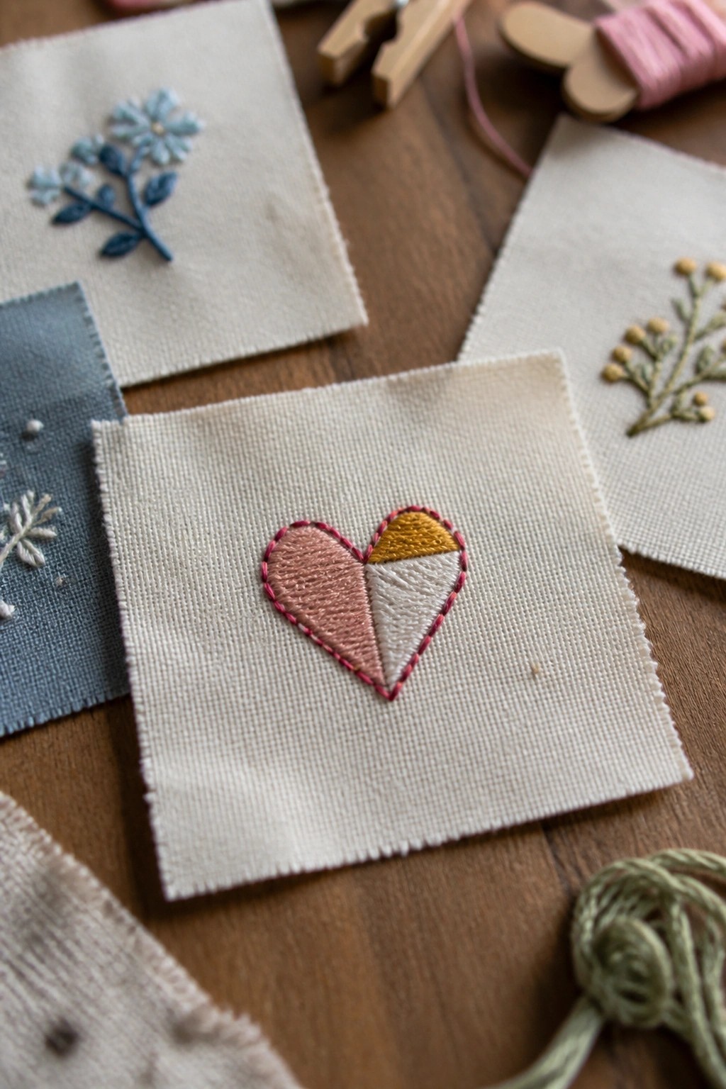 Embroidered heart in pink, white, and yellow on fabric with floral patches