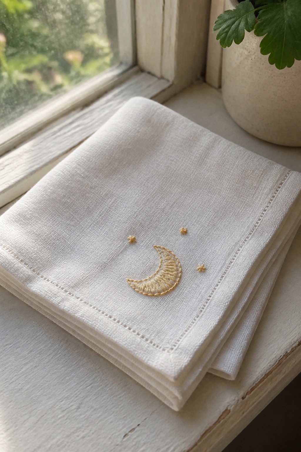 White folded napkin embroidered with golden crescent moon and stars on windowsill