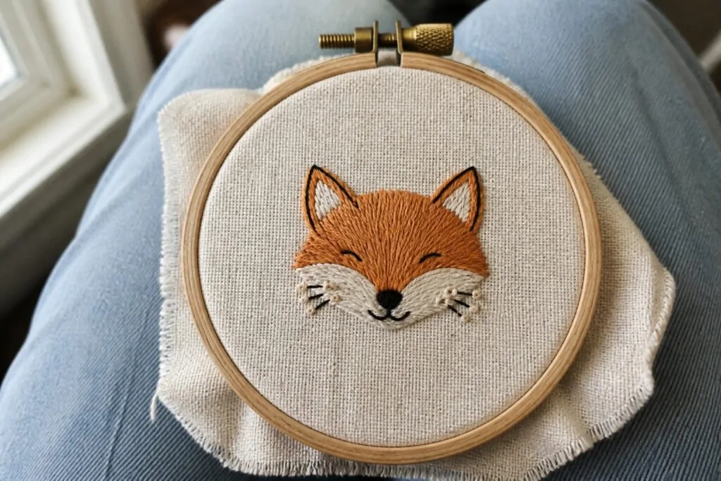19 Tiny Easy Embroidery Ideas Perfect for Mini Hoop Projects Embroidered orange fox face in wooden hoop on blue denim and white knit.