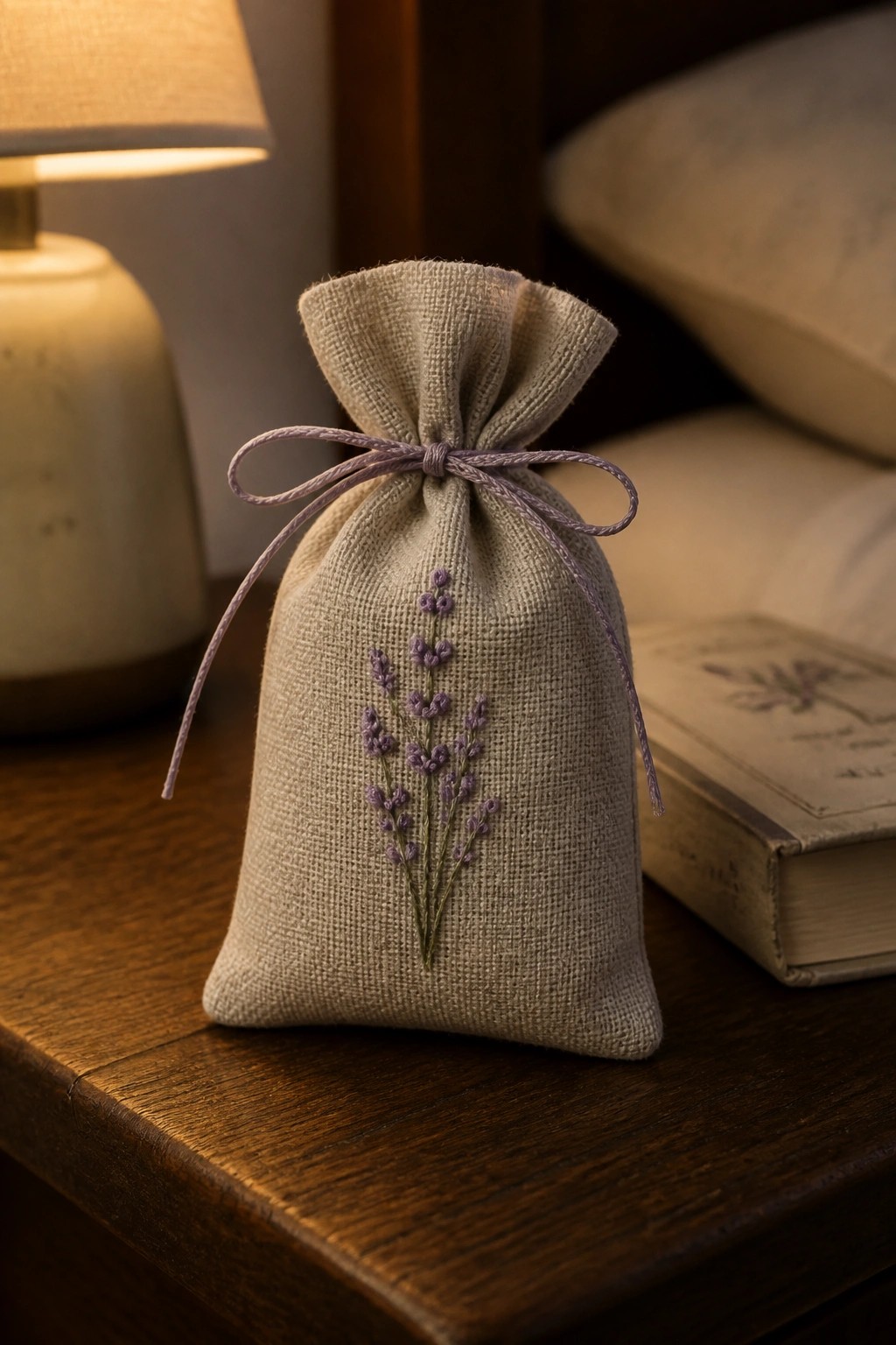 Beige linen sachet with lavender embroidery and purple bow on wooden table beside book and lamp