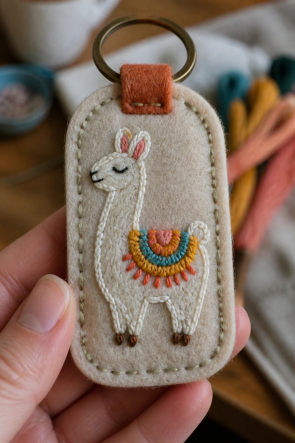 Hand holding beige felt keychain with embroidered white llama and colorful details