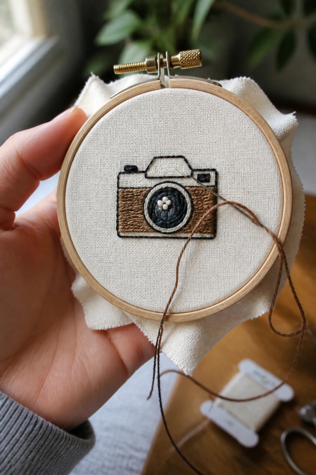 Hand holding embroidery hoop with stitched camera design and needle with brown thread.
