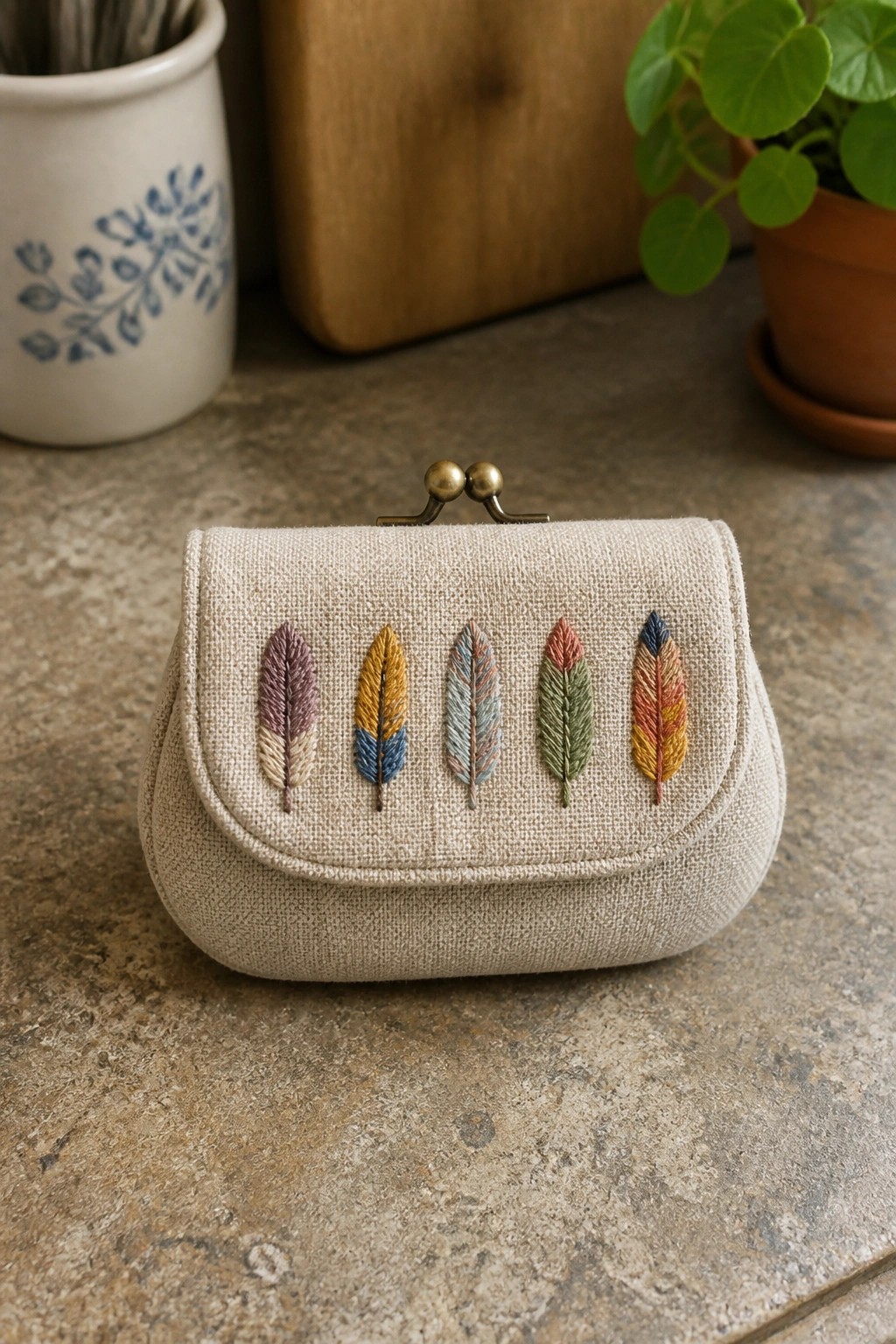 Beige linen purse with five colorful embroidered feathers and brass clasp