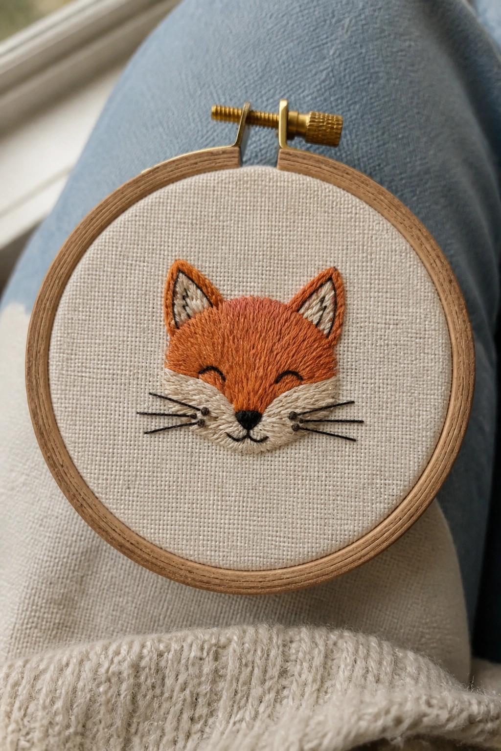 Embroidered orange fox face in wooden hoop on blue denim and white knit.