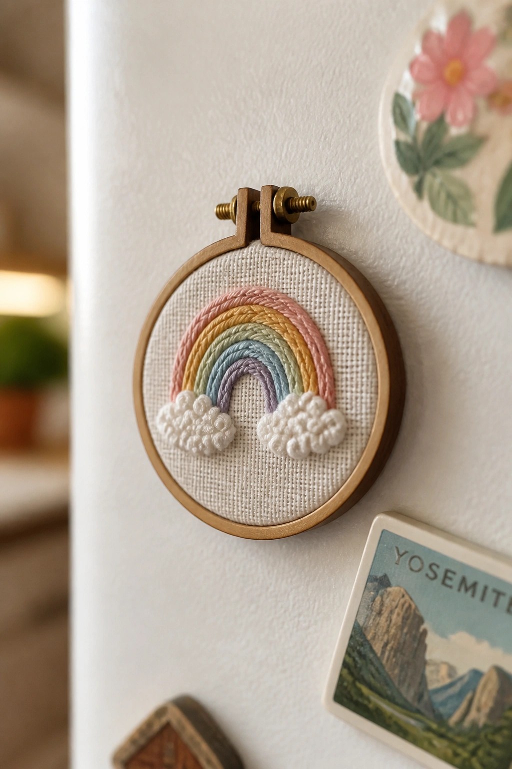 A small wooden embroidery hoop holds a pastel rainbow with white clouds on white fabric, mounted on a refrigerator door.