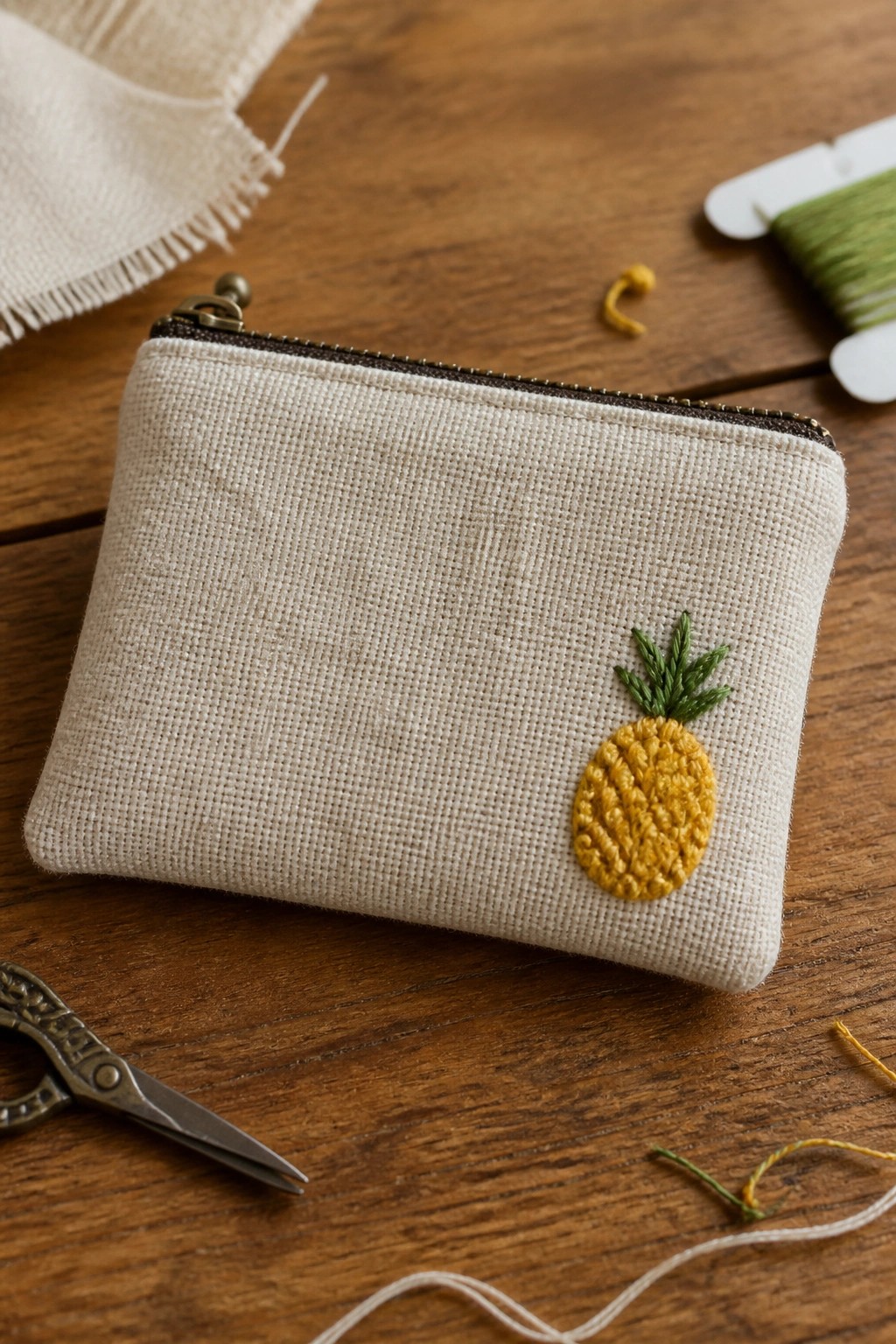 Small beige zippered pouch with yellow pineapple embroidery on wooden table with scissors.