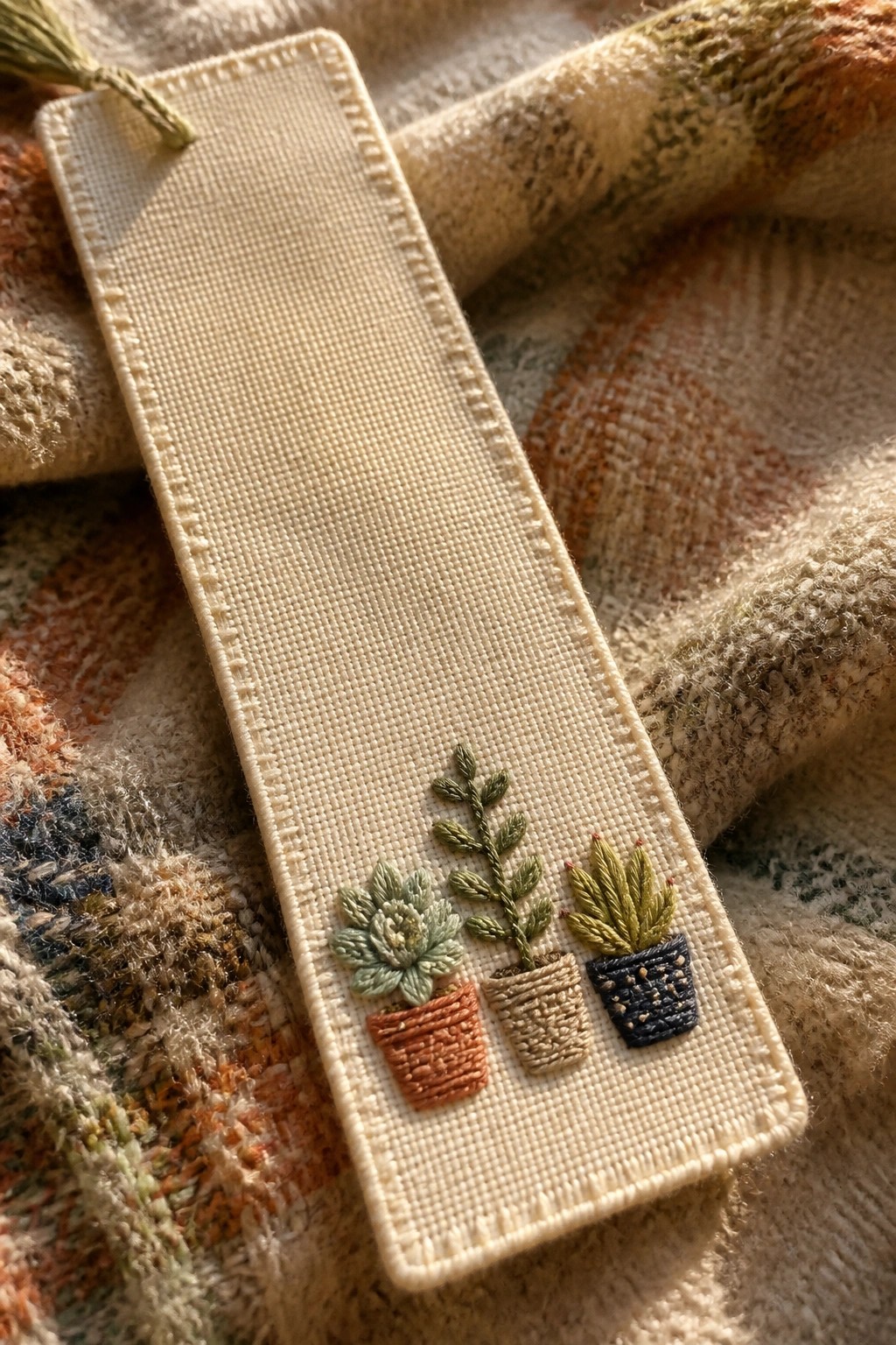 Embroidered bookmark with three potted succulents on beige fabric over plaid textile.