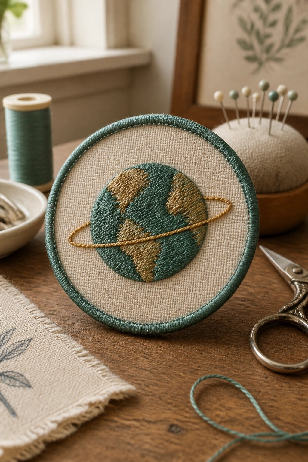 Embroidered ringed planet in green and gold on beige fabric with sewing tools nearby