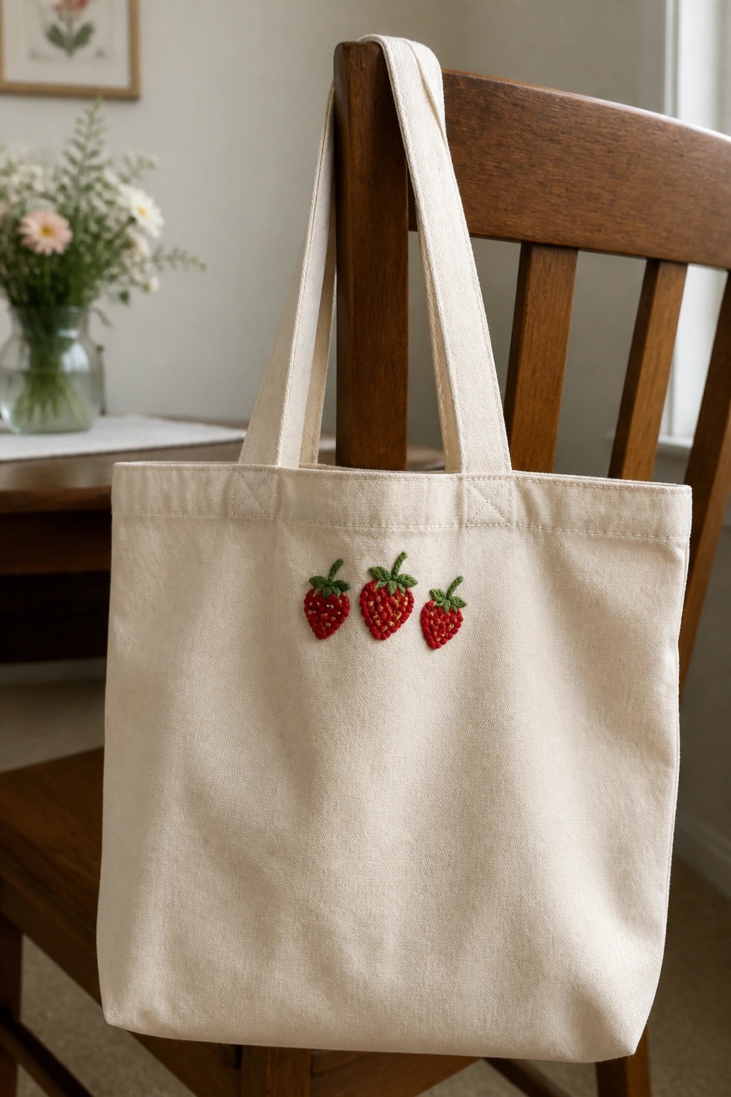 Cream canvas tote bag with three red embroidered strawberries on wooden chair