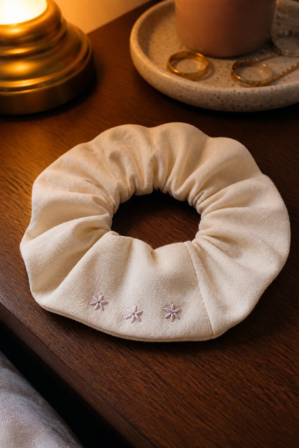 White scrunchie with embroidered flowers on dark wooden table beside jewelry tray