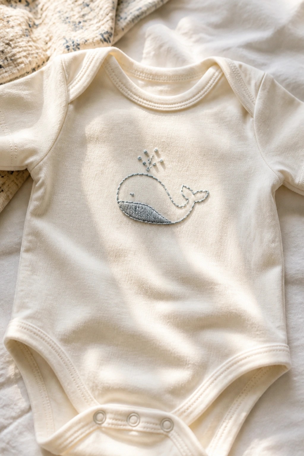 A cream baby onesie with a light blue embroidered whale centered on the chest.