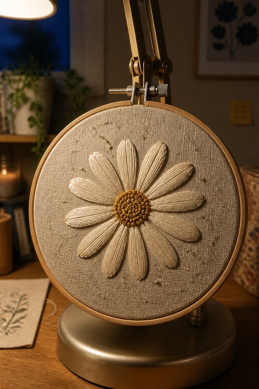 Wooden hoop with embroidered white daisy and yellow center under warm desk light