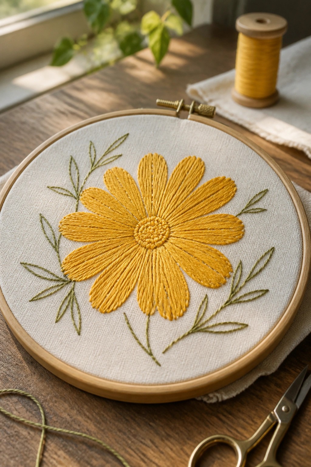 Yellow daisy embroidery in hoop with green leaves, thread spool and scissors on wood