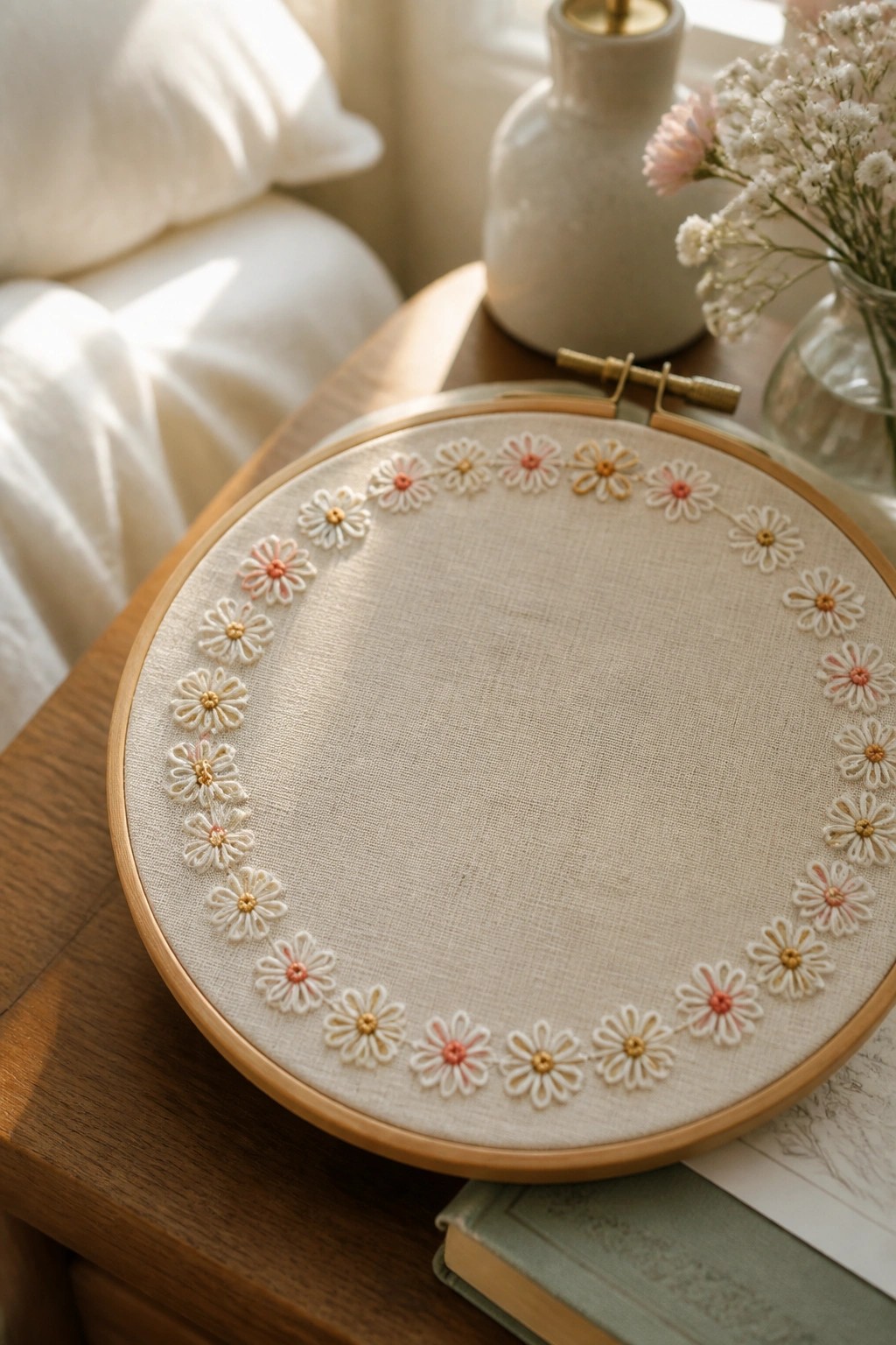 Embroidery hoop with pink and yellow daisy border on beige fabric