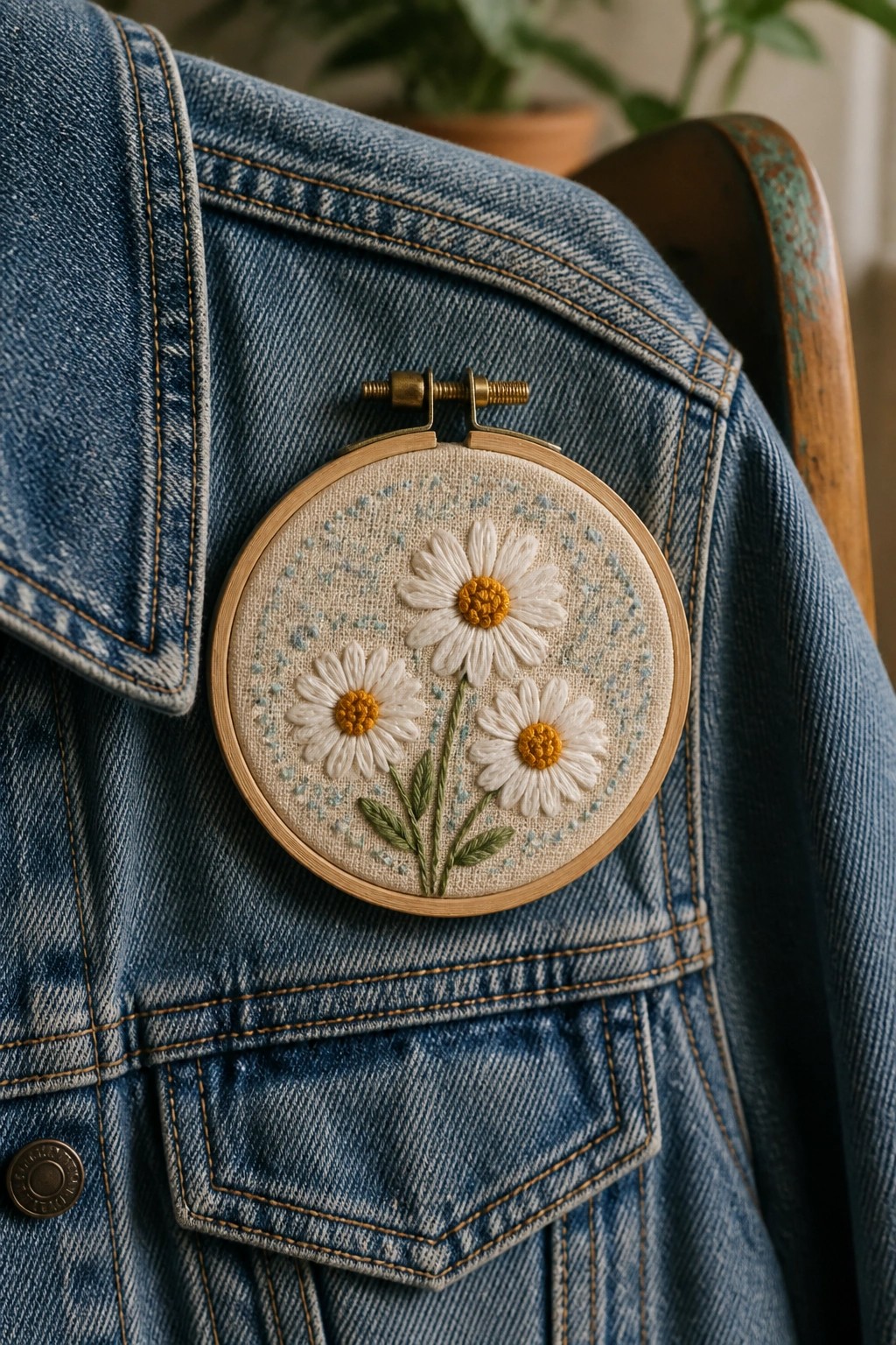 Blue denim jacket with wooden hoop of embroidered white daisies