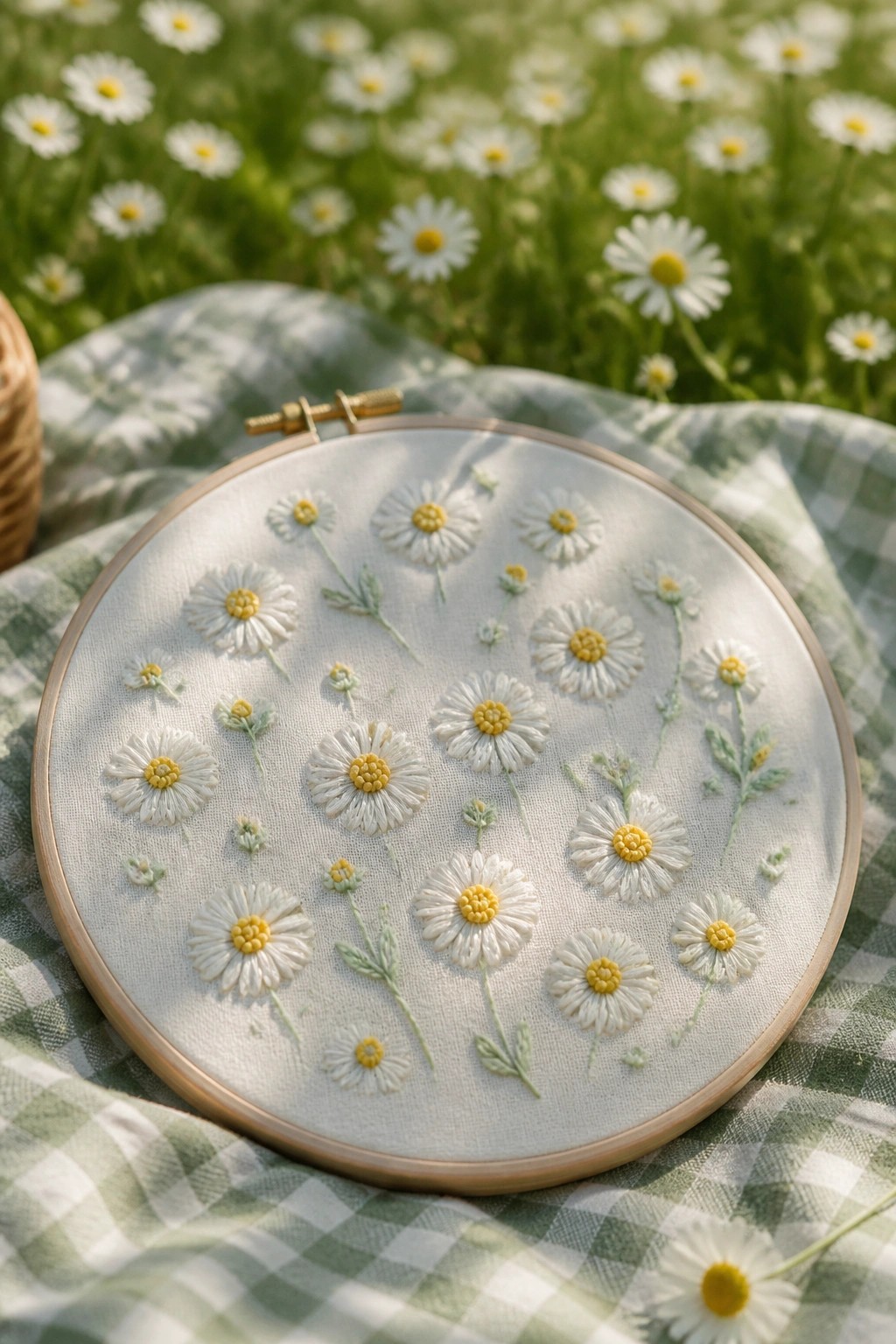 Embroidered white daisies in wooden hoop on green gingham fabric in sunny meadow