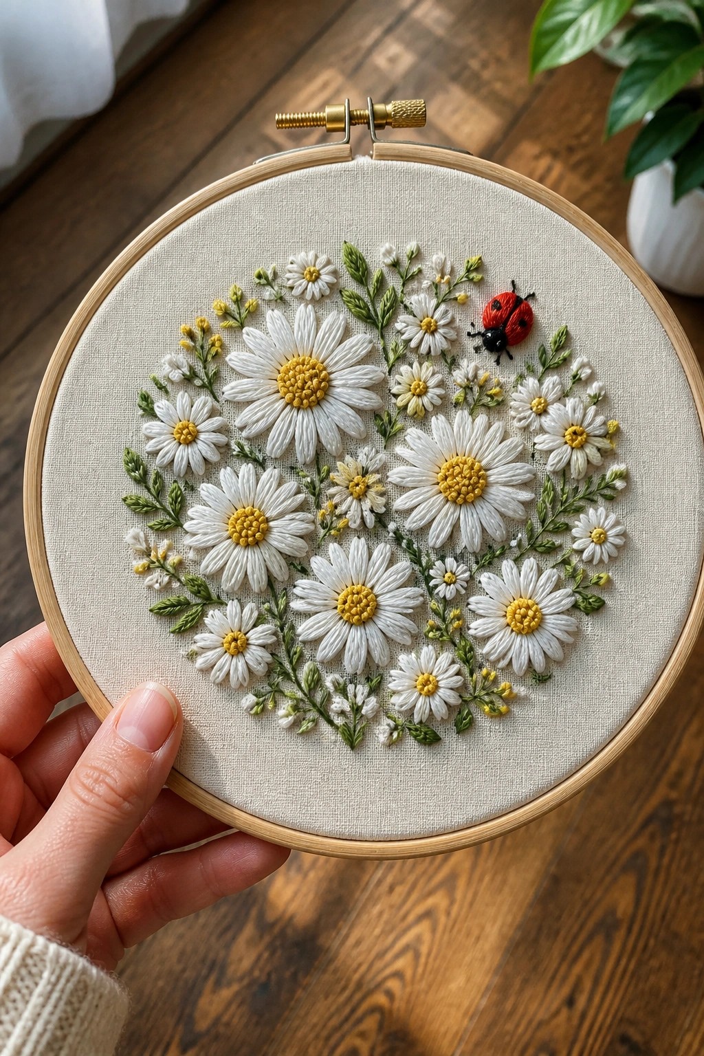 Hand holding embroidery hoop with white daisies, yellow centers, green leaves, and red ladybug