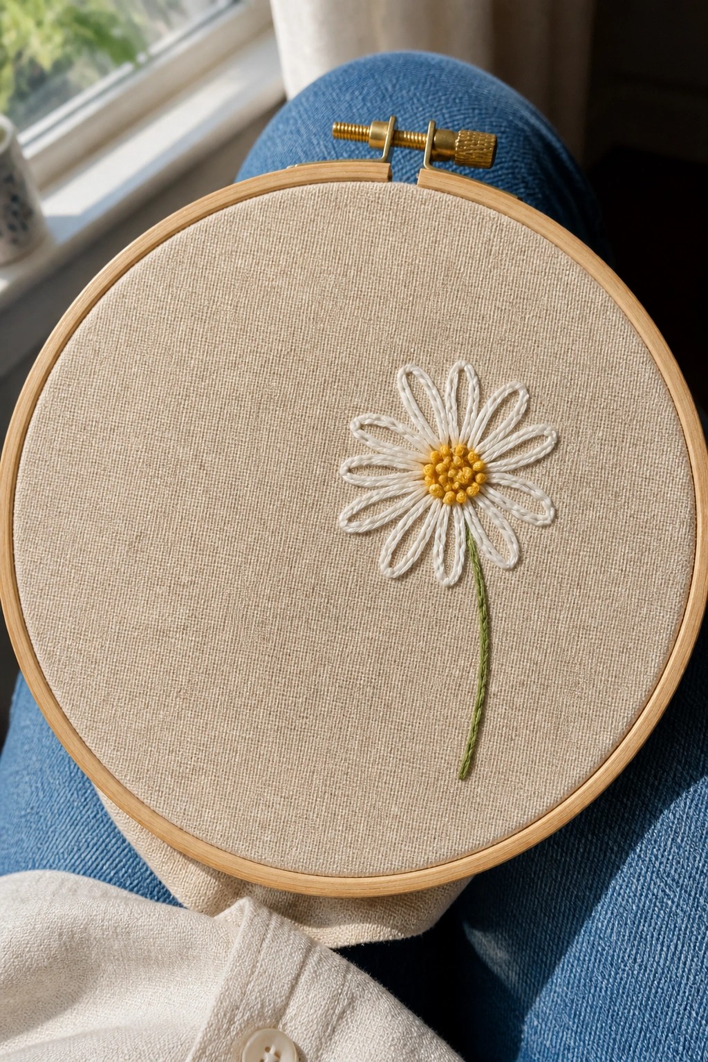 A daisy with white petals, yellow center, and green stem embroidered on beige fabric inside a wooden hoop.