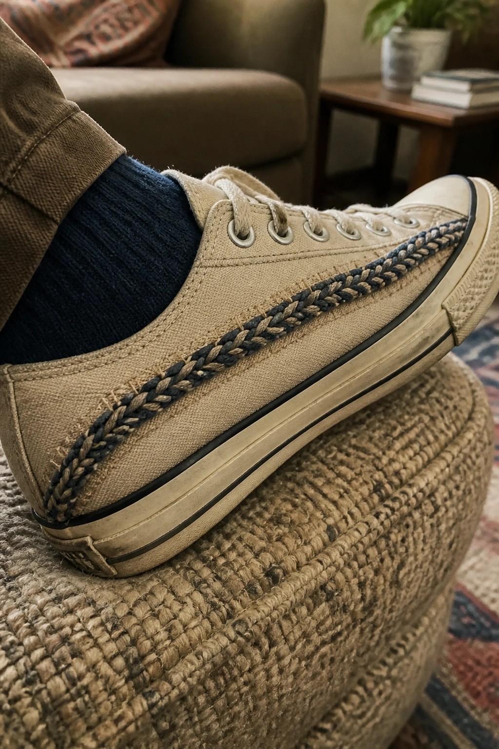 Beige canvas sneaker with braided trim rests on woven ottoman, blue sock visible.