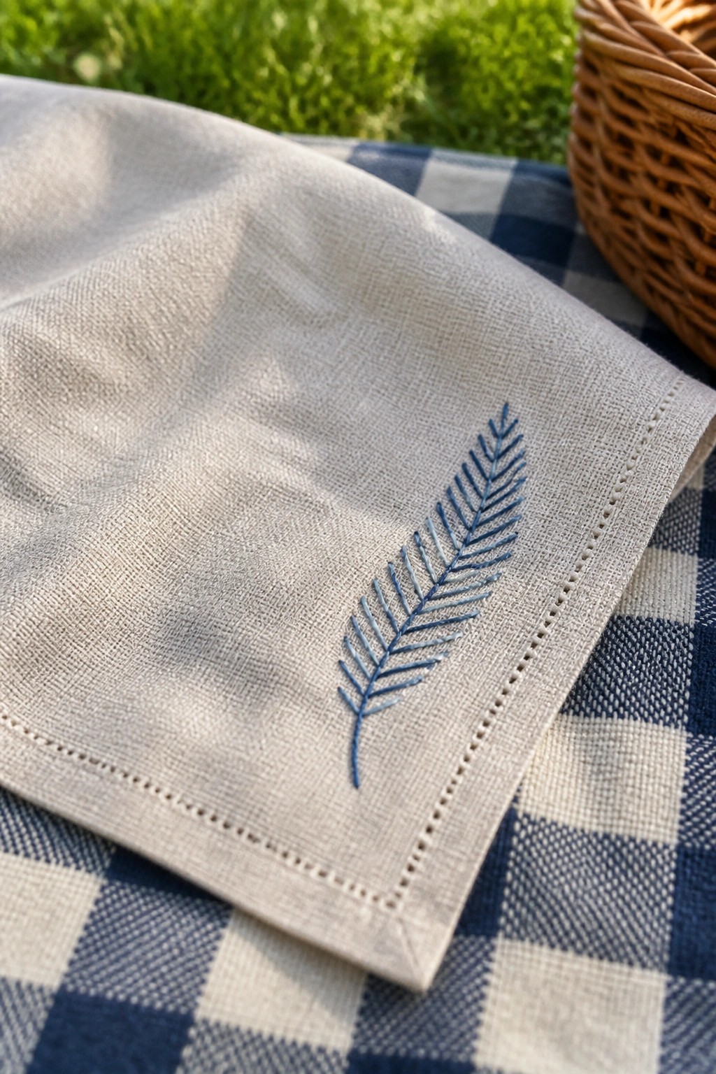 Beige linen napkin with blue embroidered leaf on checkered picnic cloth