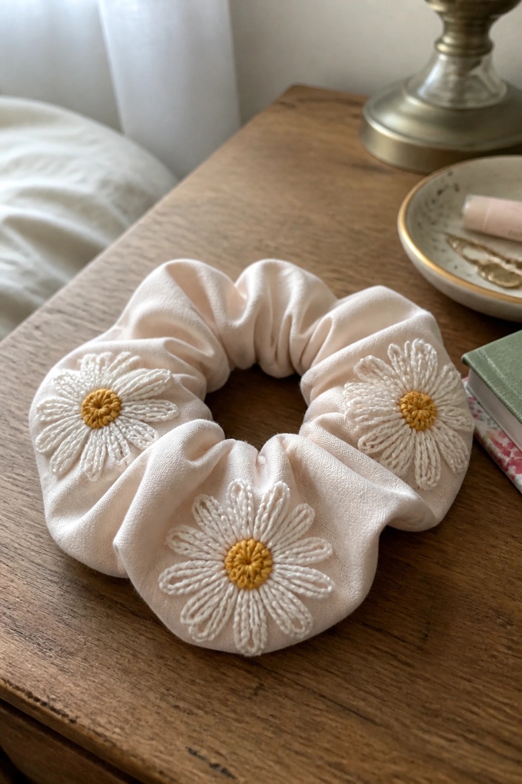 Pale pink scrunchie with three embroidered white daisies on wooden table.