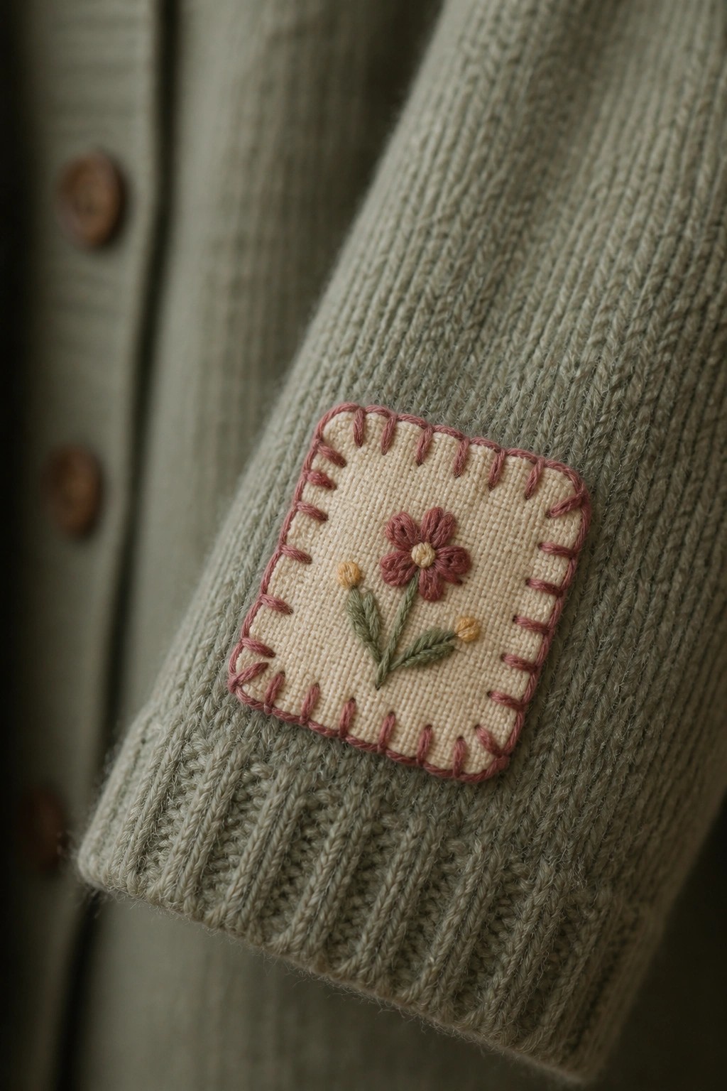 Square fabric patch with embroidered flower and stem sewn onto the sleeve of a green knit cardigan.