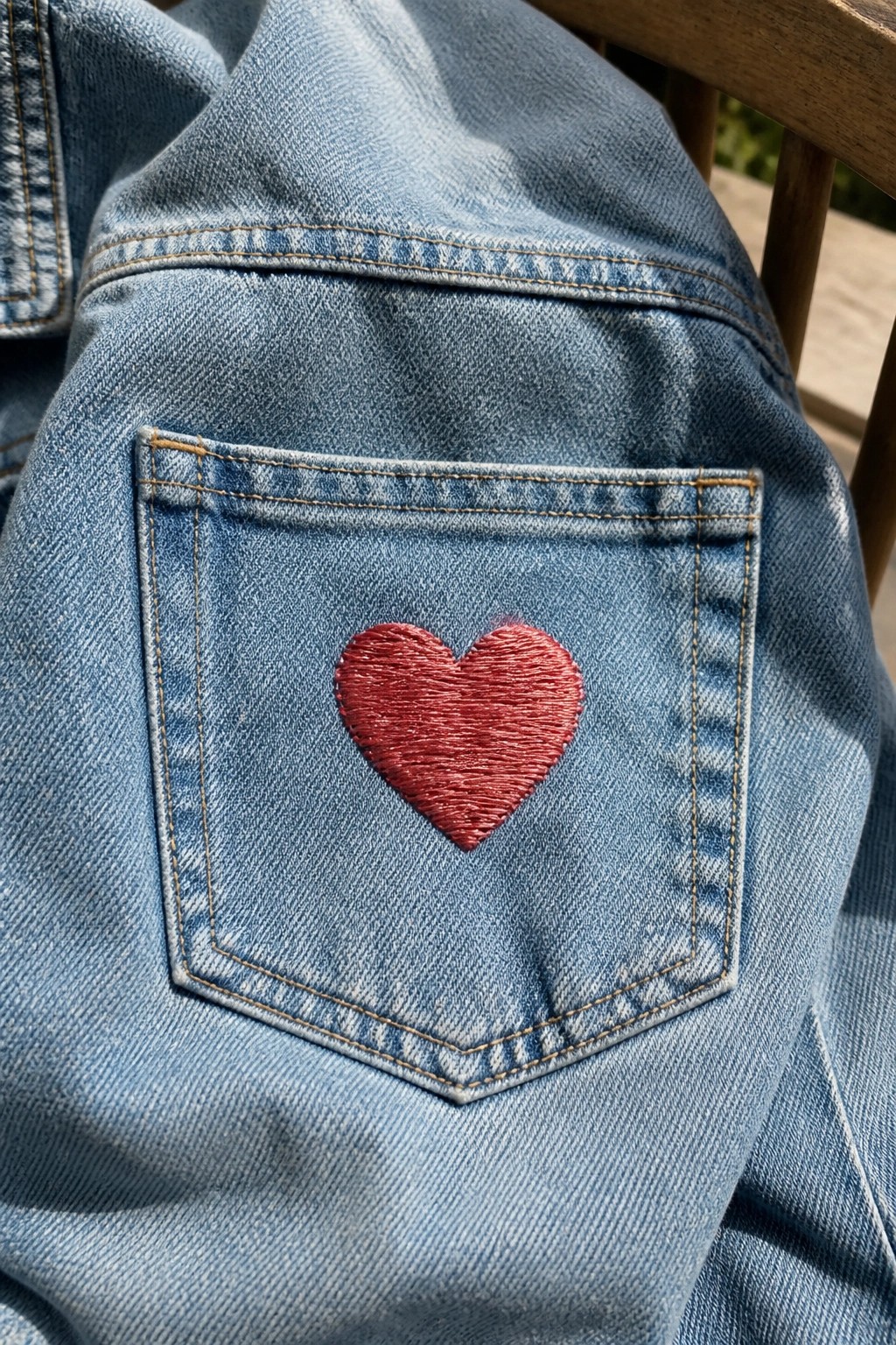 Light blue denim pocket with red embroidered heart and orange stitching.
