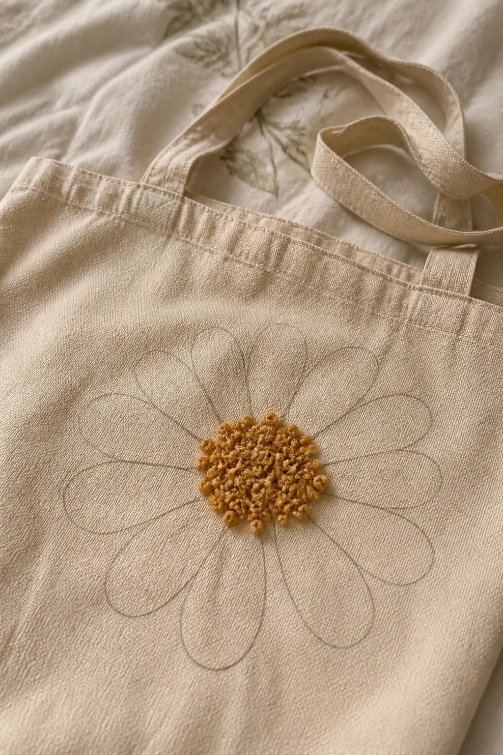 Beige tote bag with yellow embroidered daisy center and outlined petals.