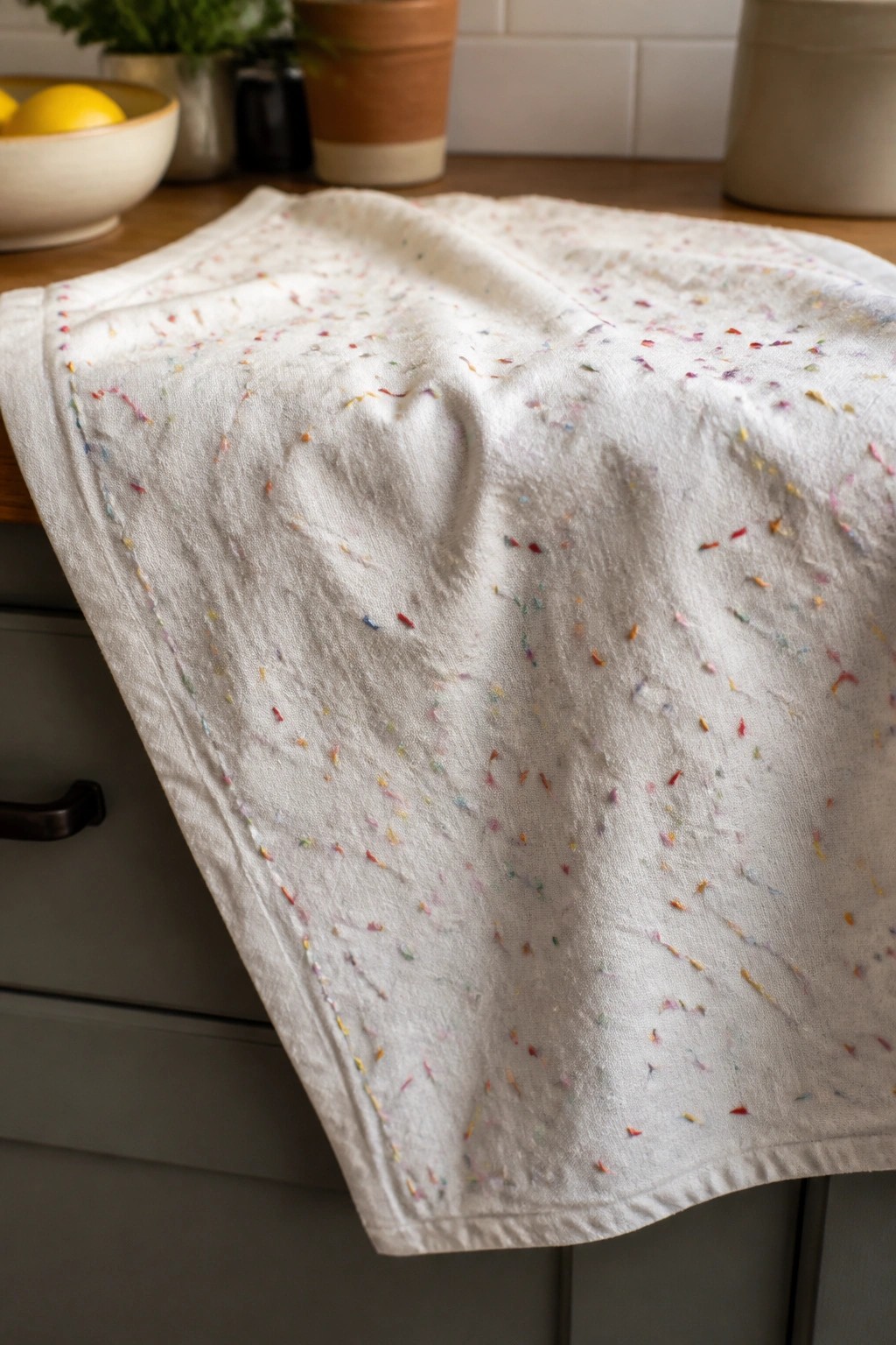 White cloth with colorful embroidery and heart shape draped over kitchen cabinet