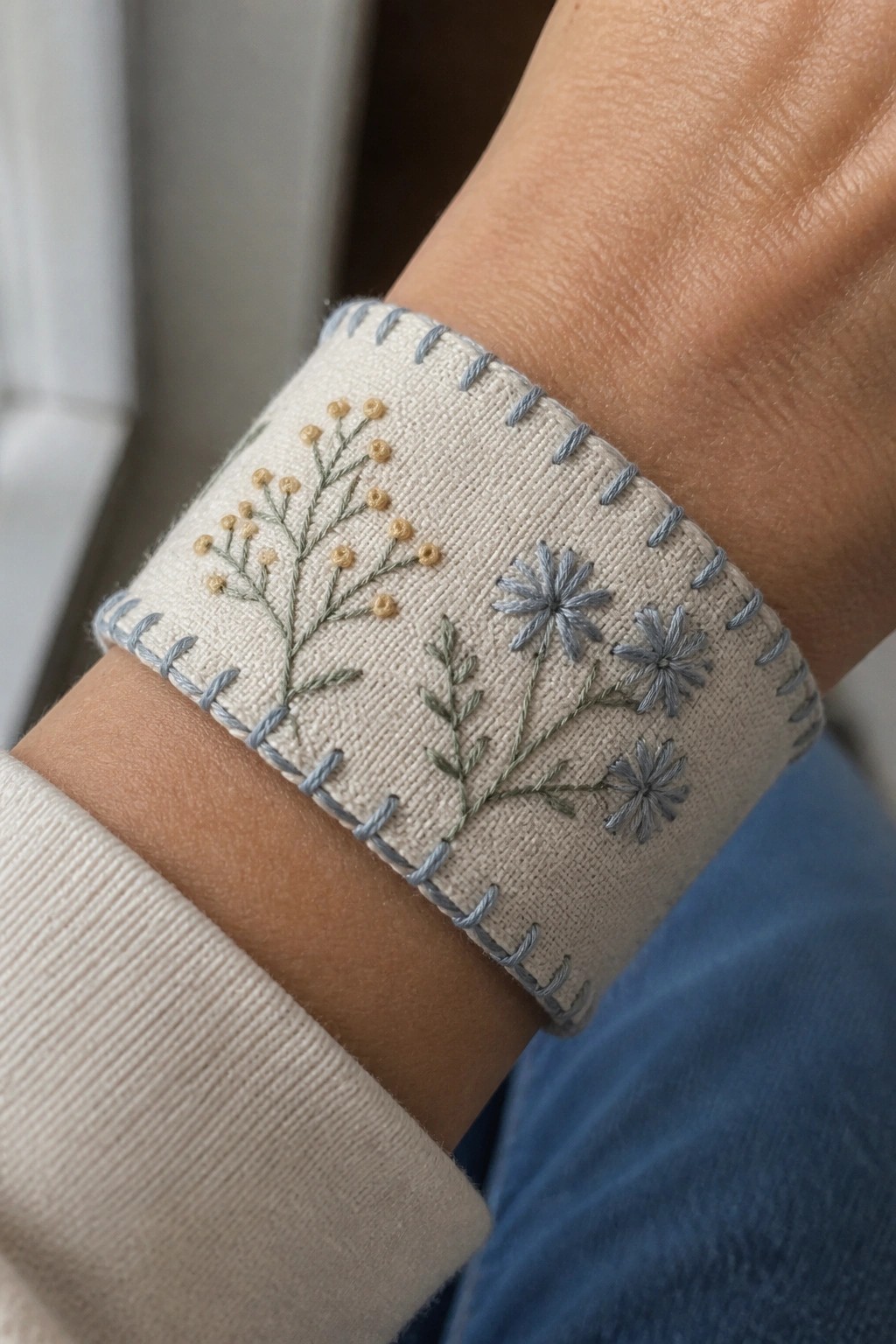 Beige fabric cuff bracelet on a wrist with green branches, yellow dots, and blue-gray flowers in embroidery.