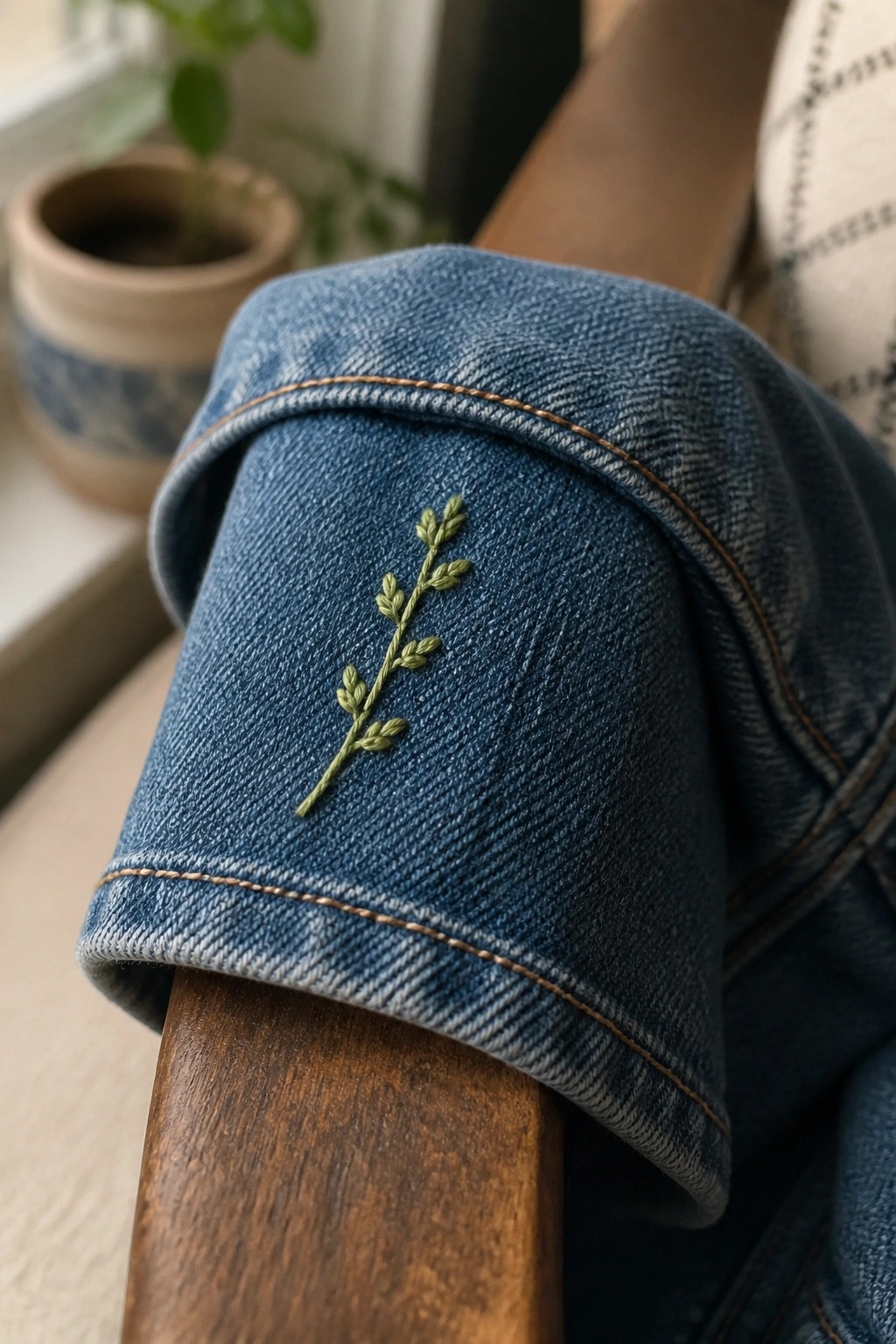 Blue denim cuff with green embroidered plant sprig on wooden surface