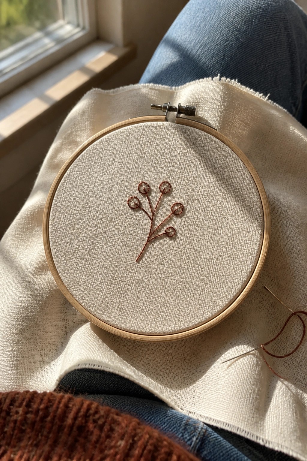 Wooden hoop with brown embroidered plant on cream fabric over blue jeans in sunlight