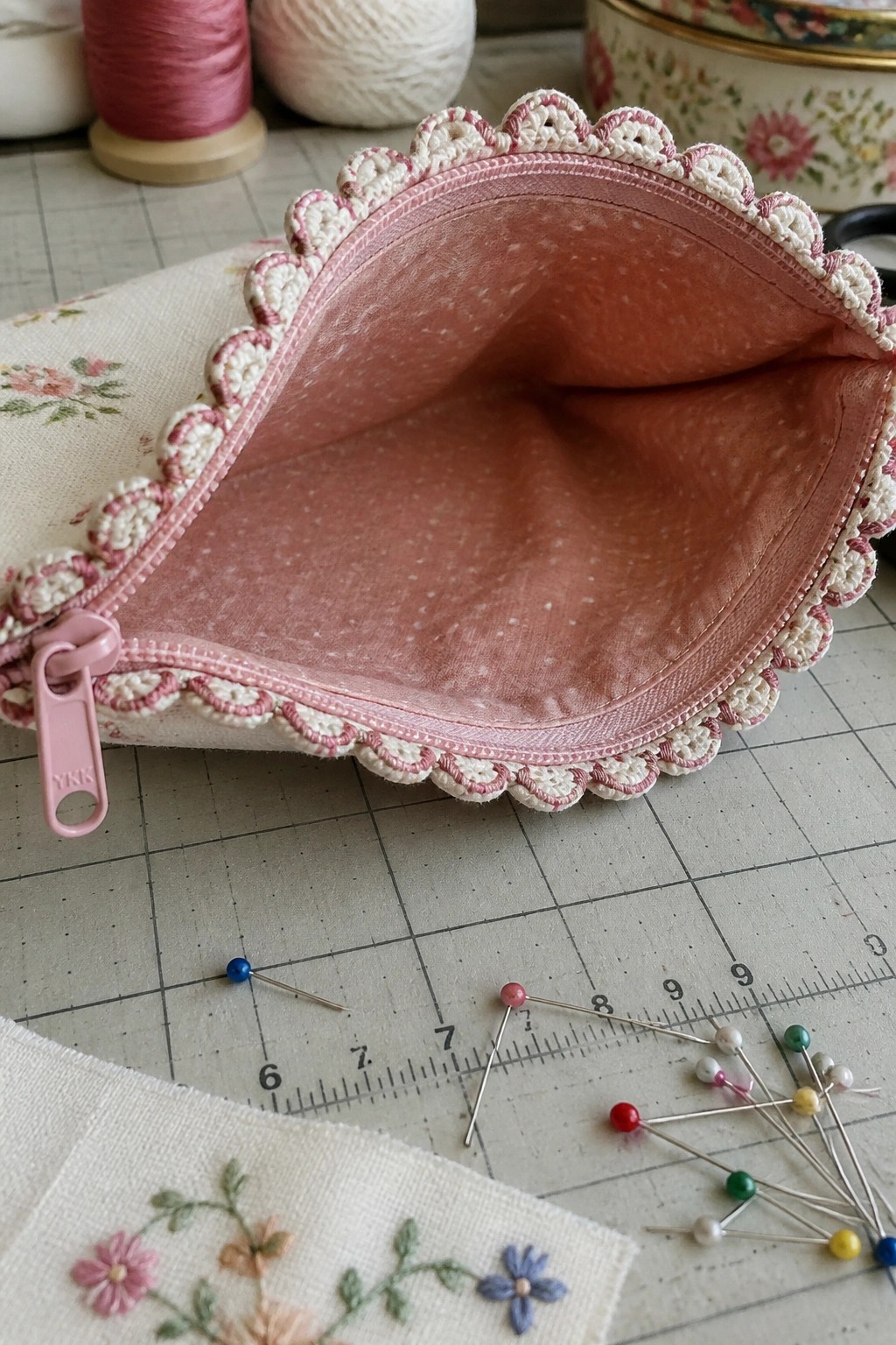 Open floral pouch with pink lining, scalloped crochet trim on cutting mat with pins