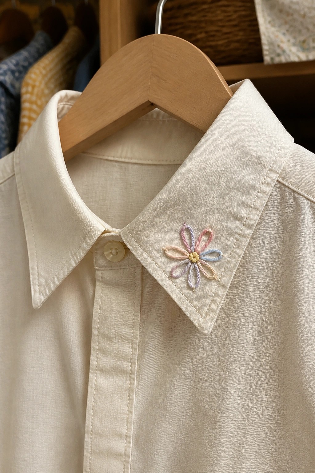 Cream shirt with pastel embroidered flower on collar, displayed on wooden hanger