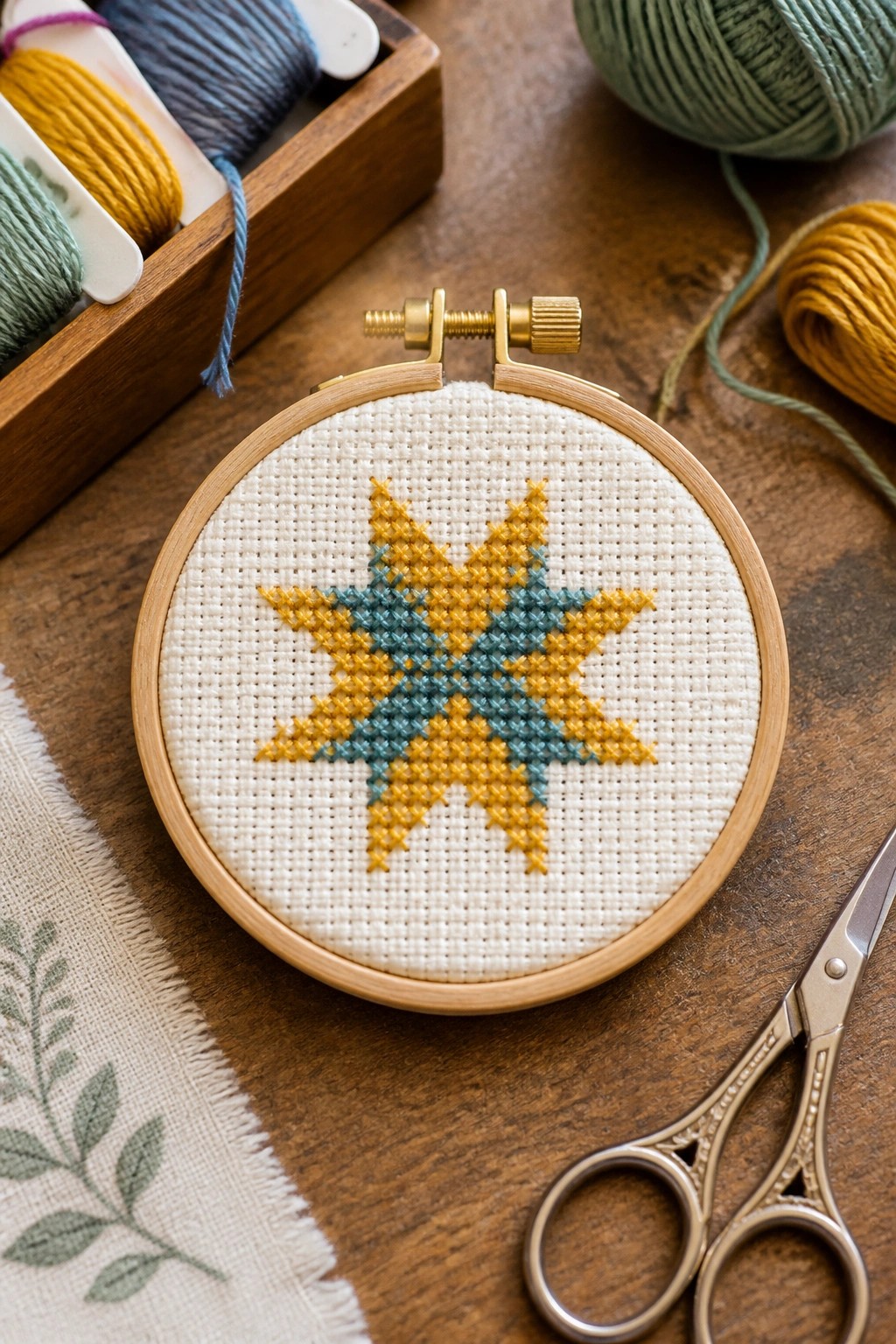 Yellow and teal star cross-stitch in wooden embroidery hoop with supplies nearby
