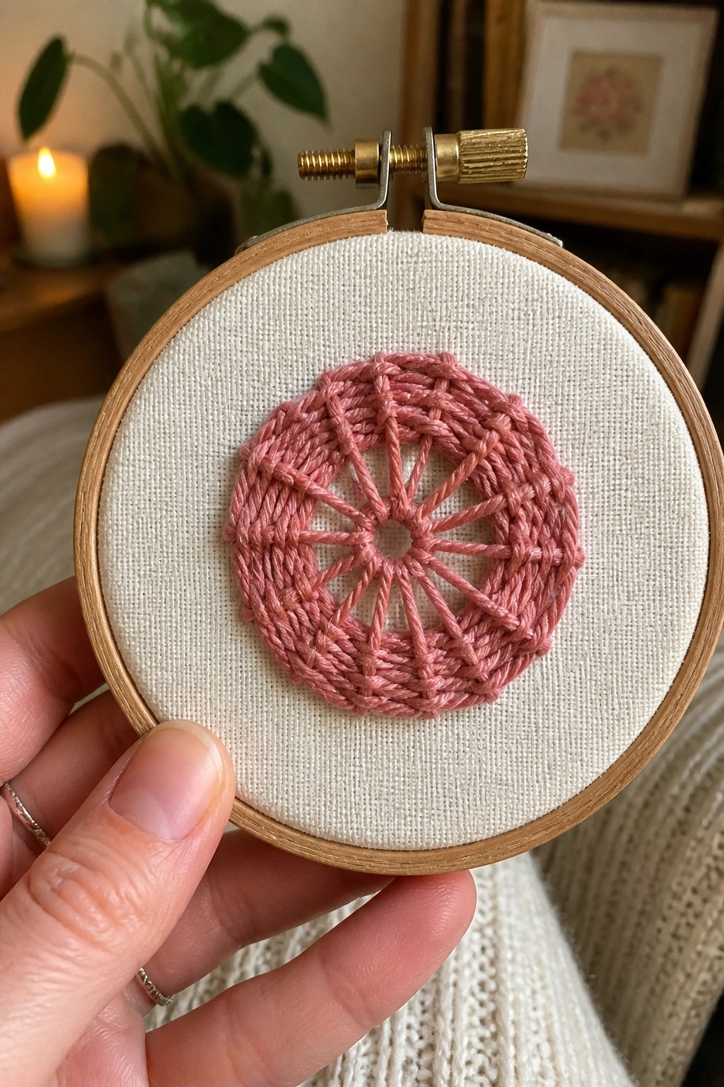 Hand holding wooden hoop with pink circular woven embroidery on white fabric
