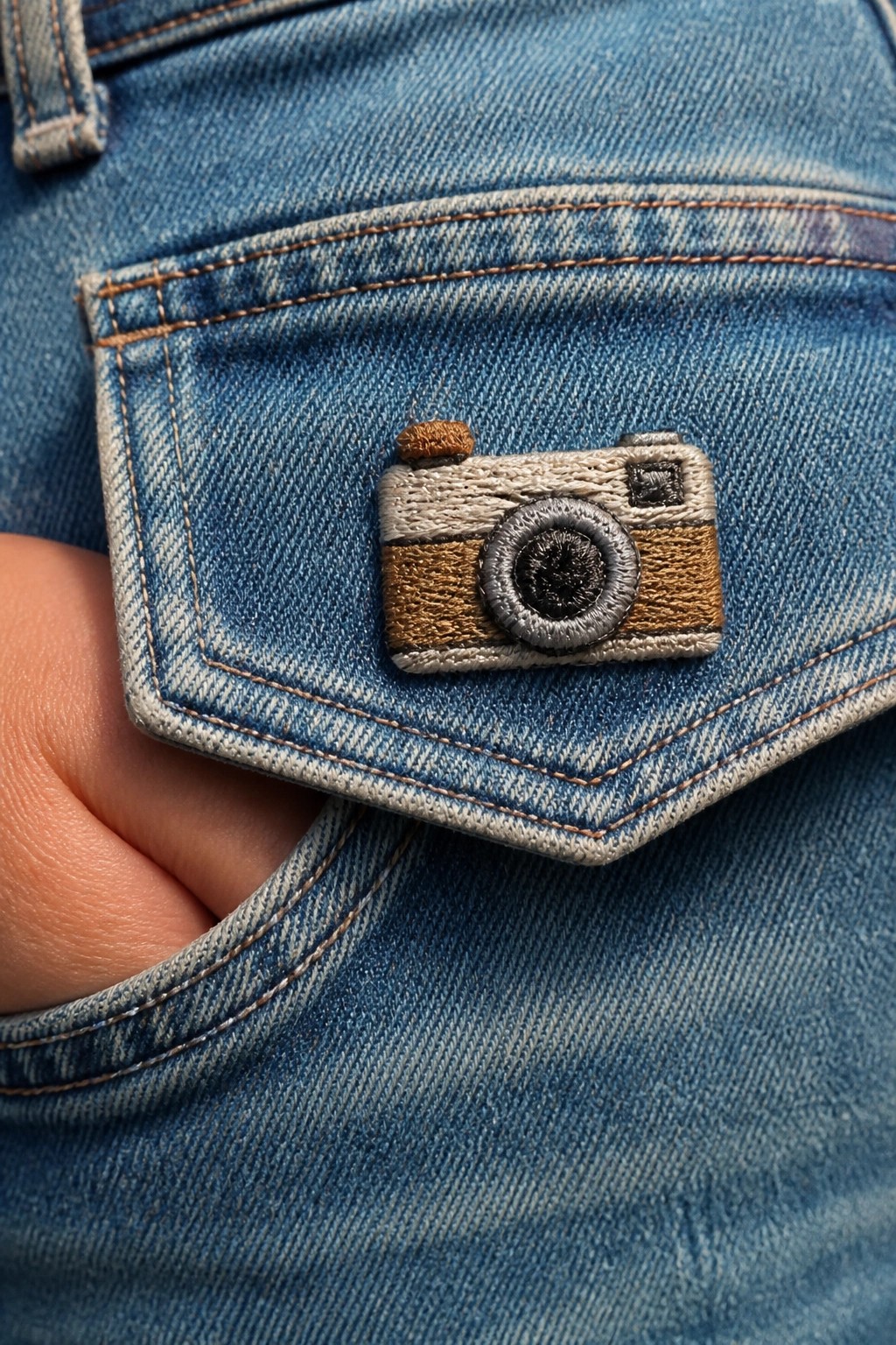 Blue denim jeans pocket with embroidered camera patch and inserted finger