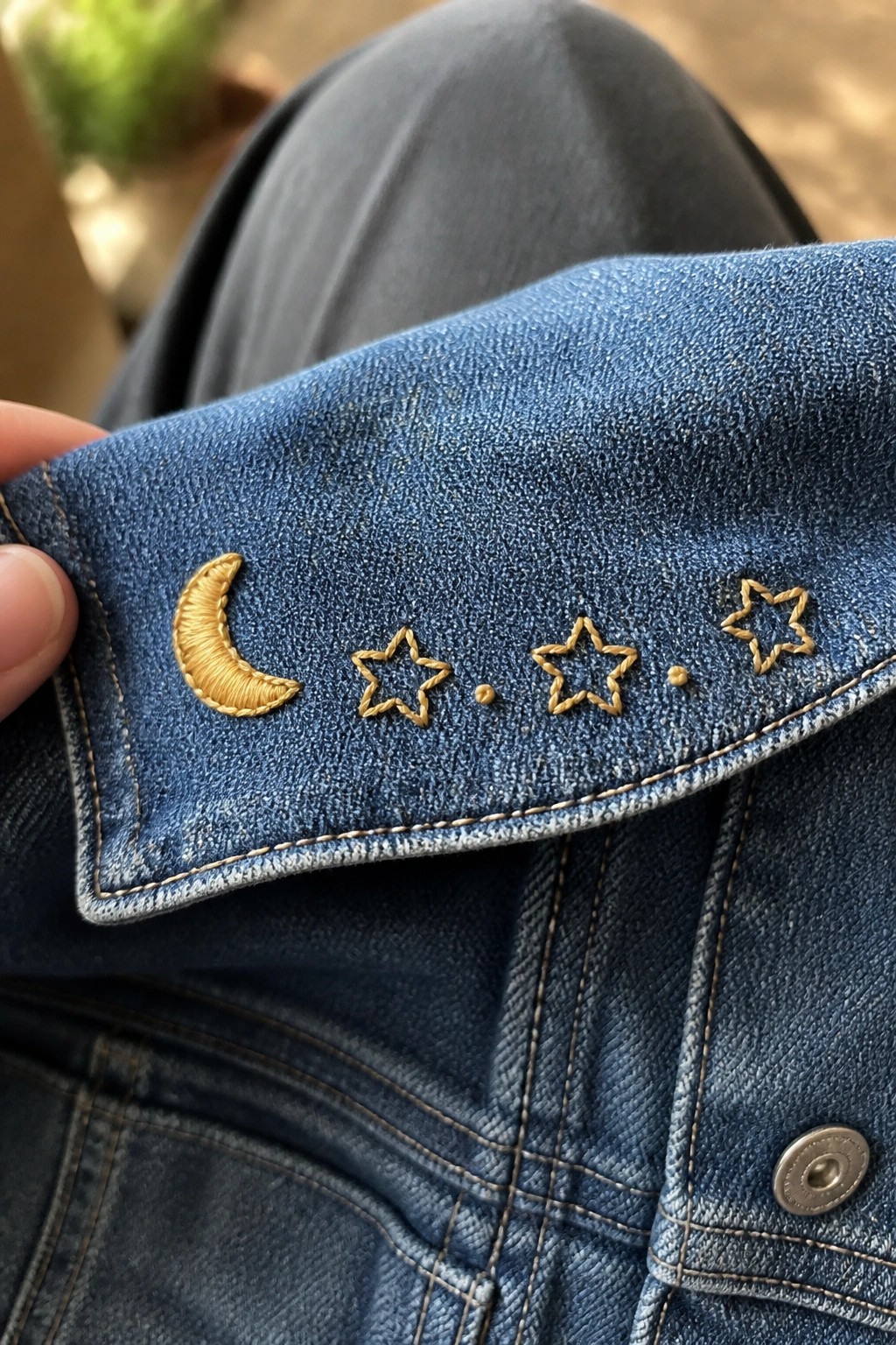 Close-up of blue denim jacket collar with gold embroidered crescent moon, stars, and dots.