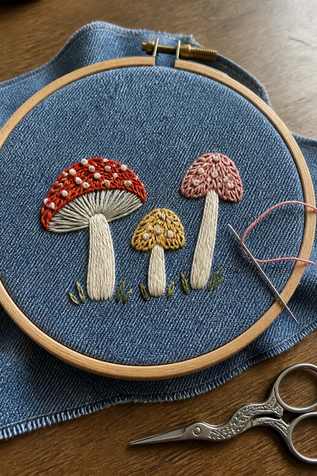 Three embroidered mushrooms on blue denim in wooden hoop with needle and scissors.