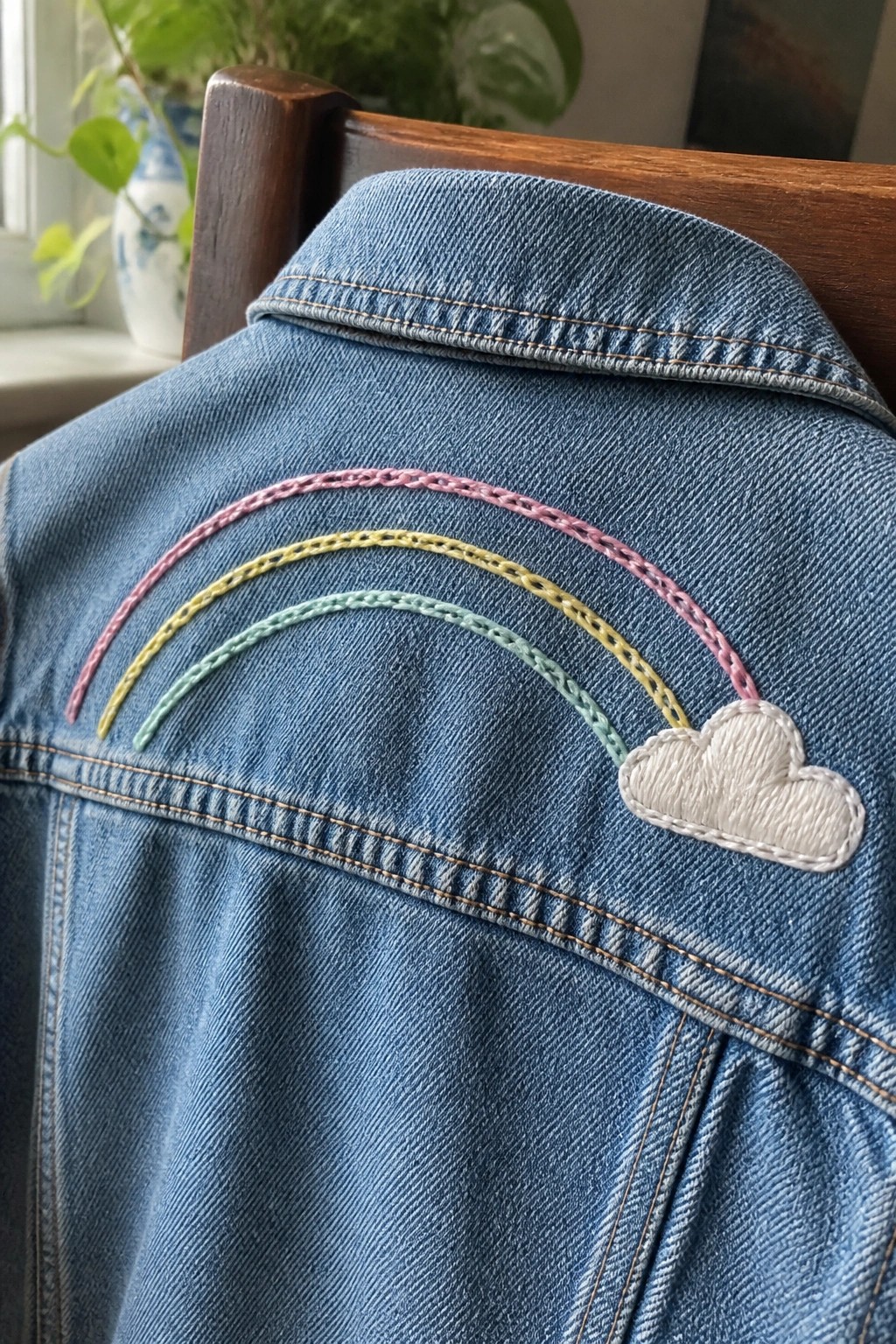 Blue denim jacket with embroidered pastel rainbow and white cloud on back.