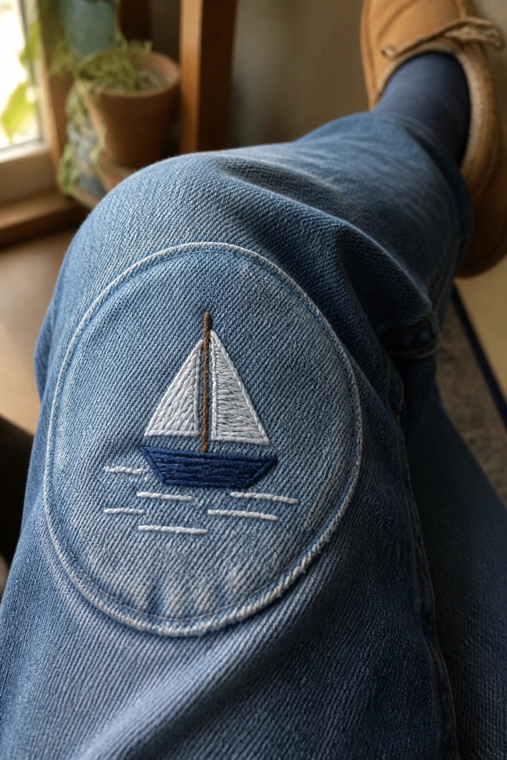 Blue denim jeans with circular embroidered sailboat patch on the knee.