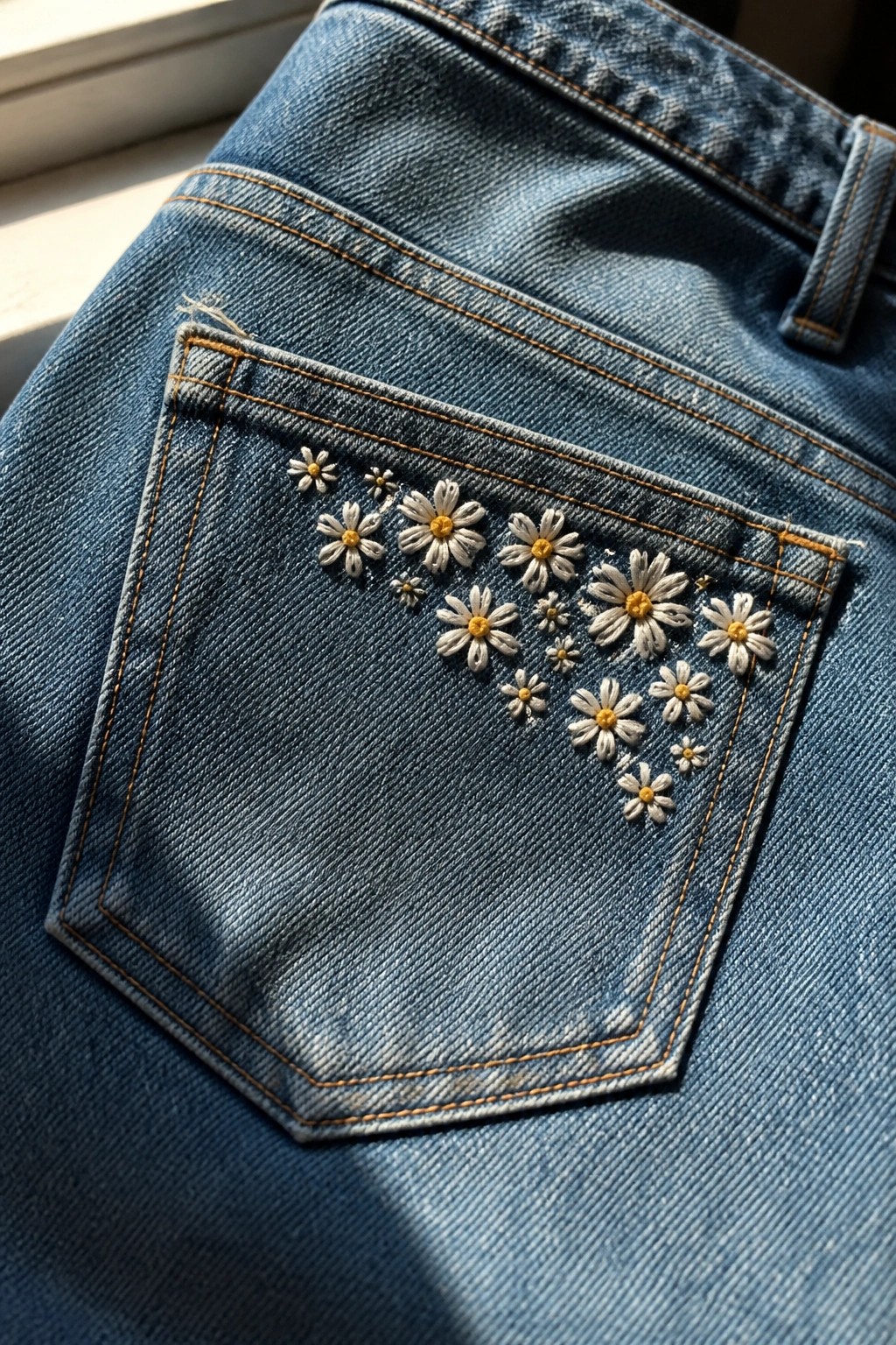 Blue denim jeans back pocket embroidered with white daisies and yellow centers in sunlight.