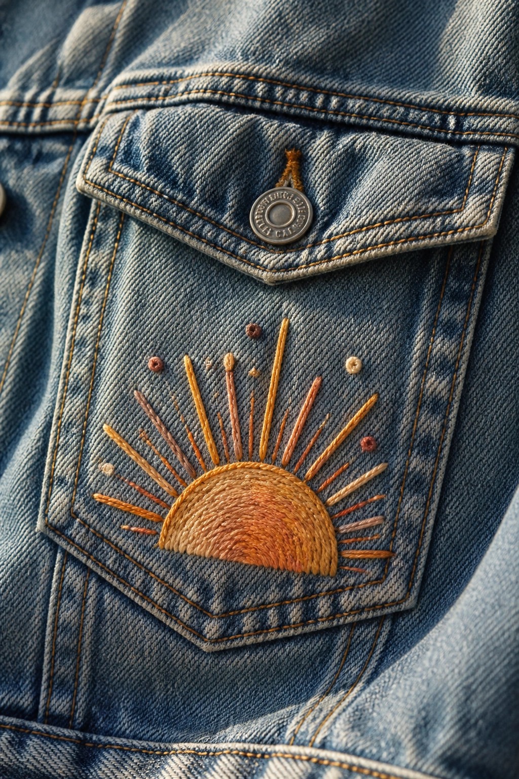 Denim jacket pocket with colorful embroidered sunburst and metal button.