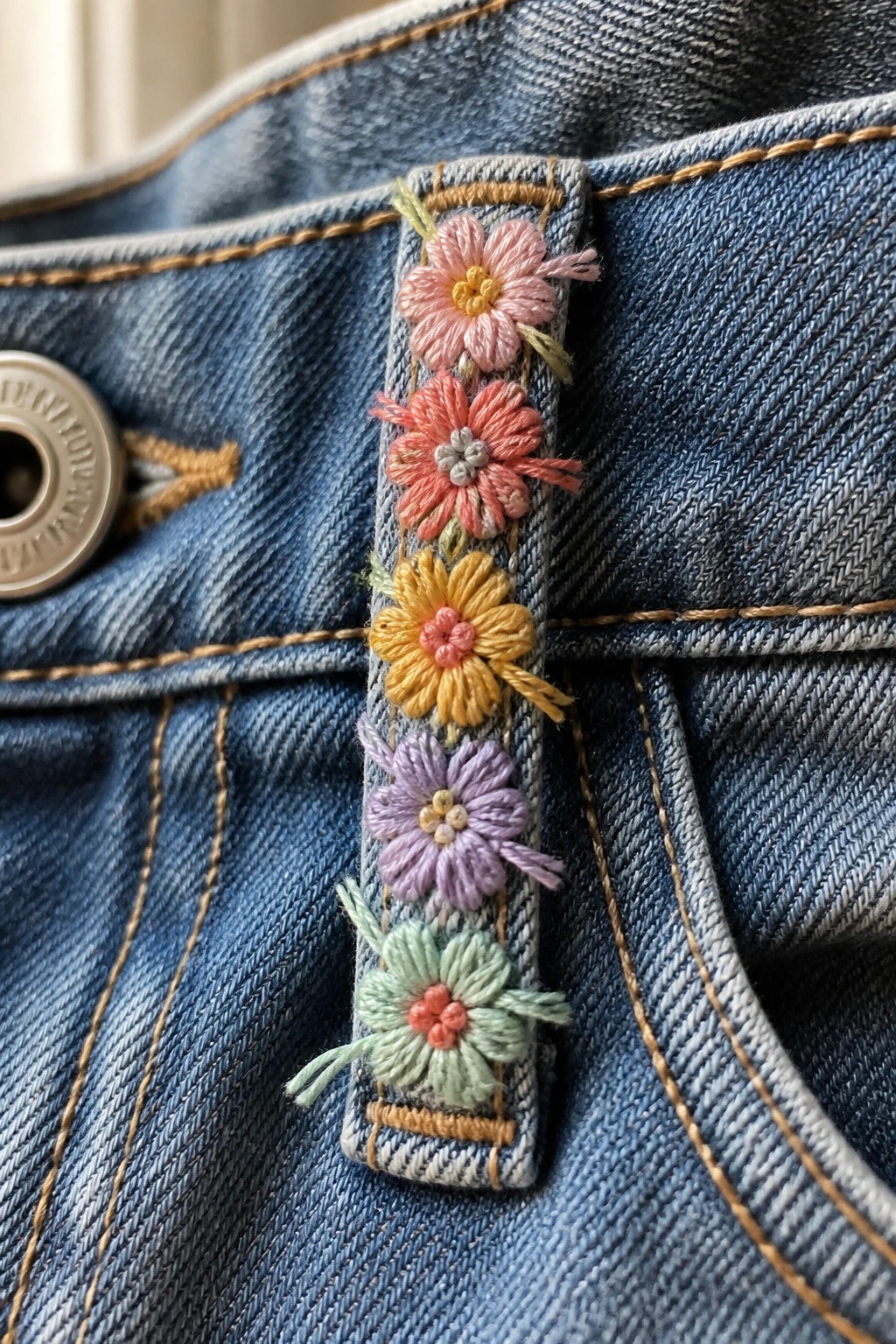 Blue denim jeans with vertical strip of pastel embroidered flowers beside metal button