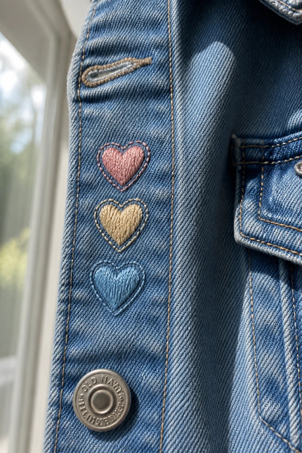 Denim jacket sleeve with pink, yellow, and blue embroidered hearts above Old Navy button
